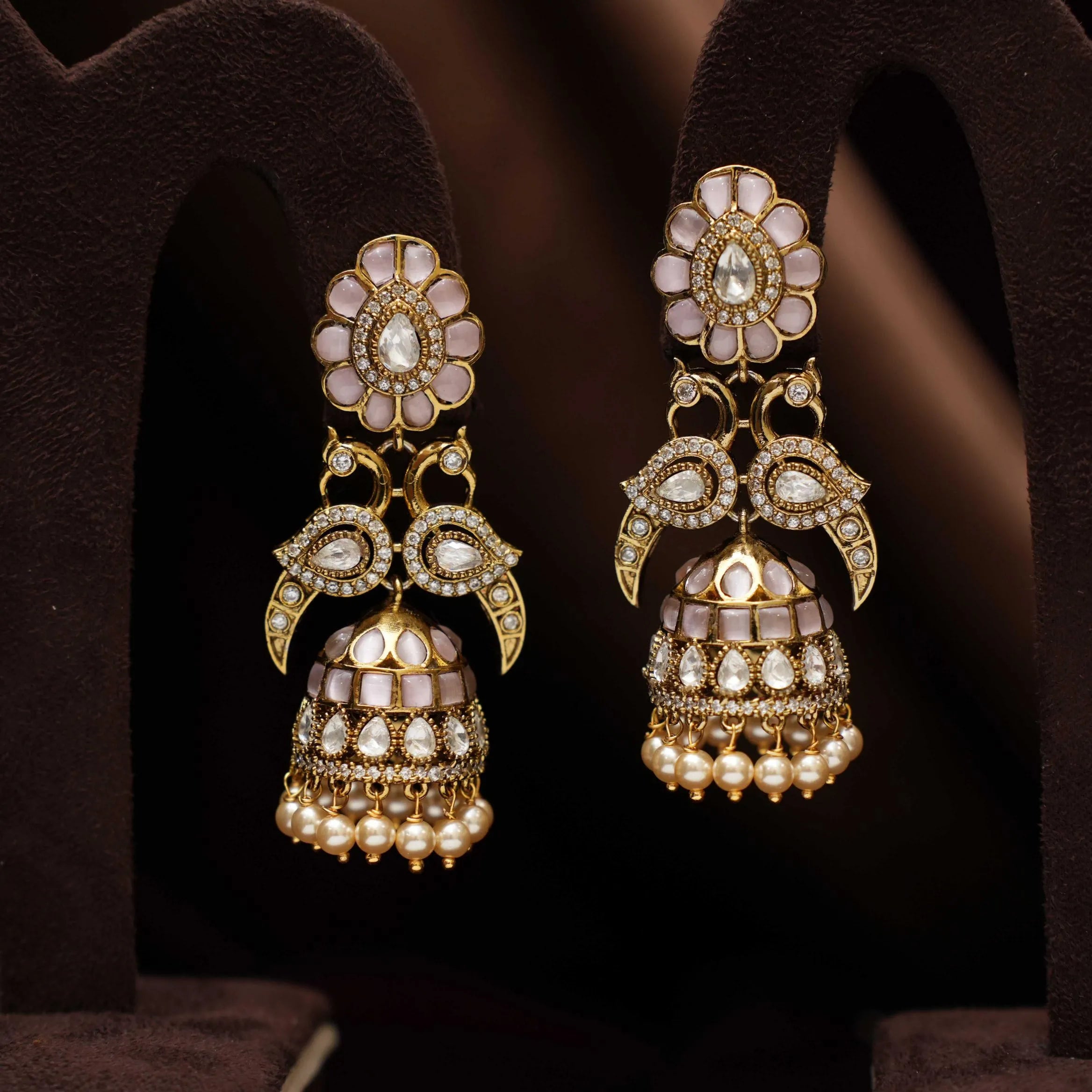 Saveer Polki Jhumka Earrings - Pastel Pink