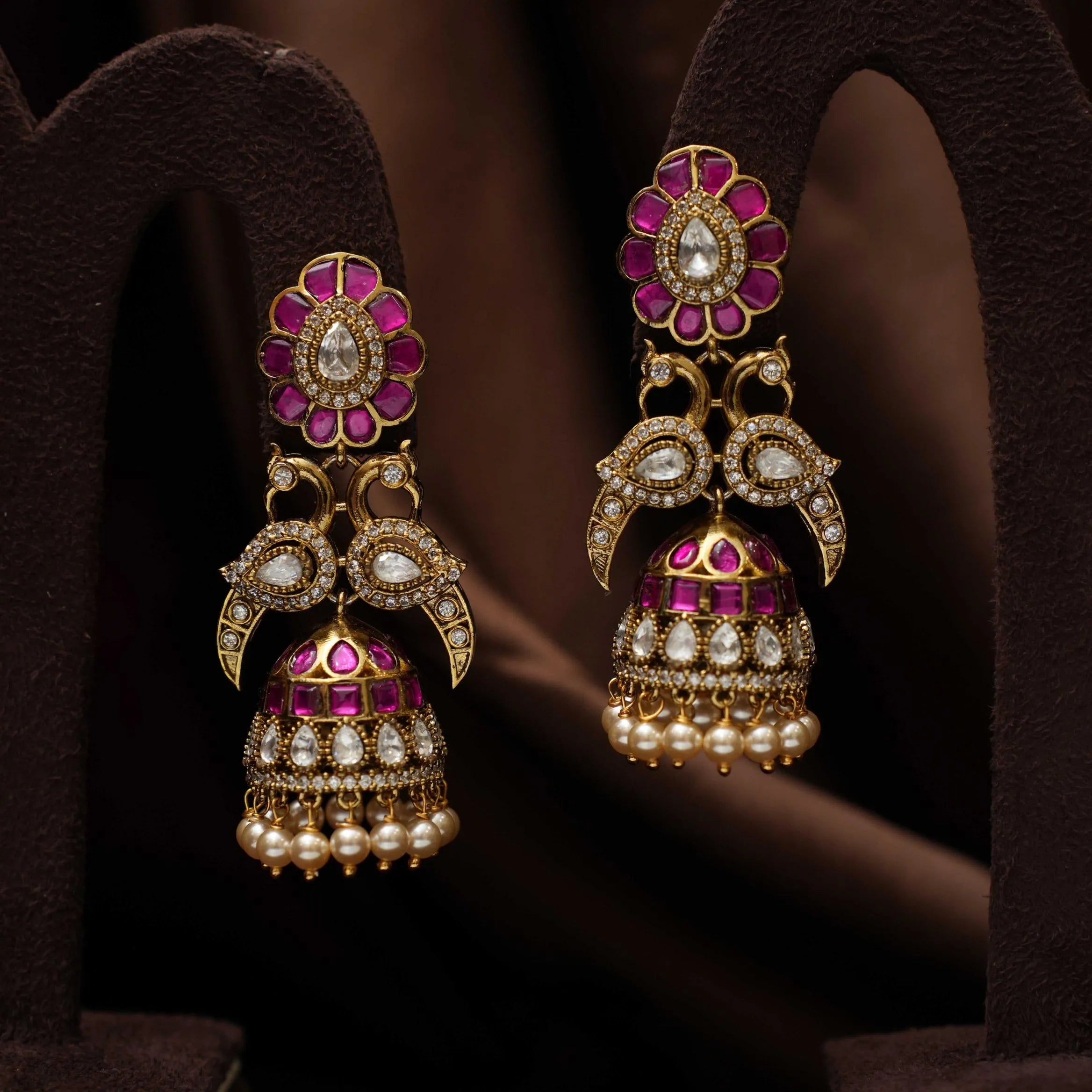 Saveer Polki Jhumka Earrings - Reddish Pink