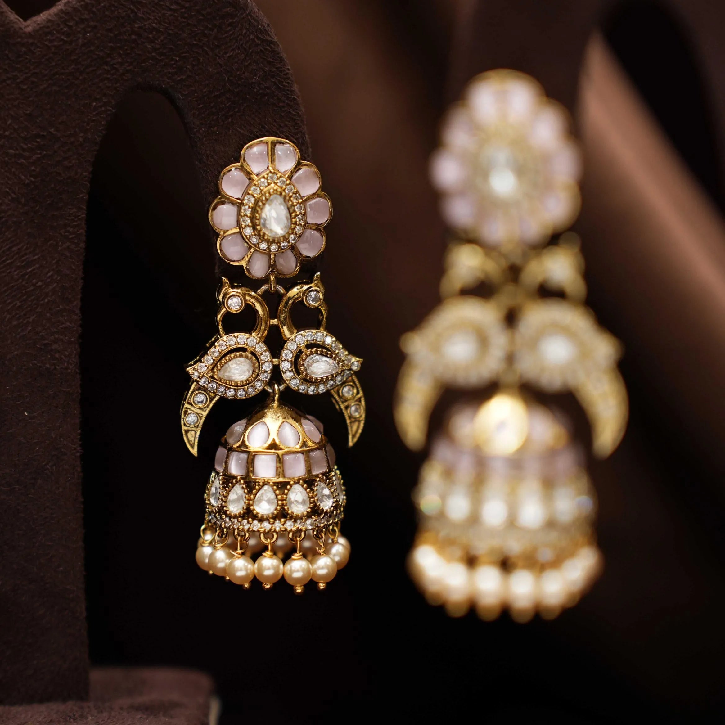 Saveer Polki Jhumka Earrings - Pastel Pink