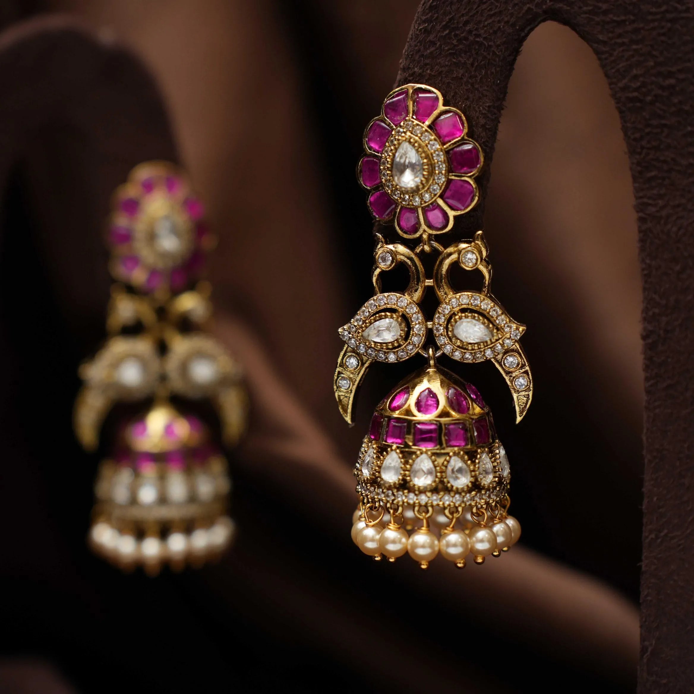 Saveer Polki Jhumka Earrings - Reddish Pink