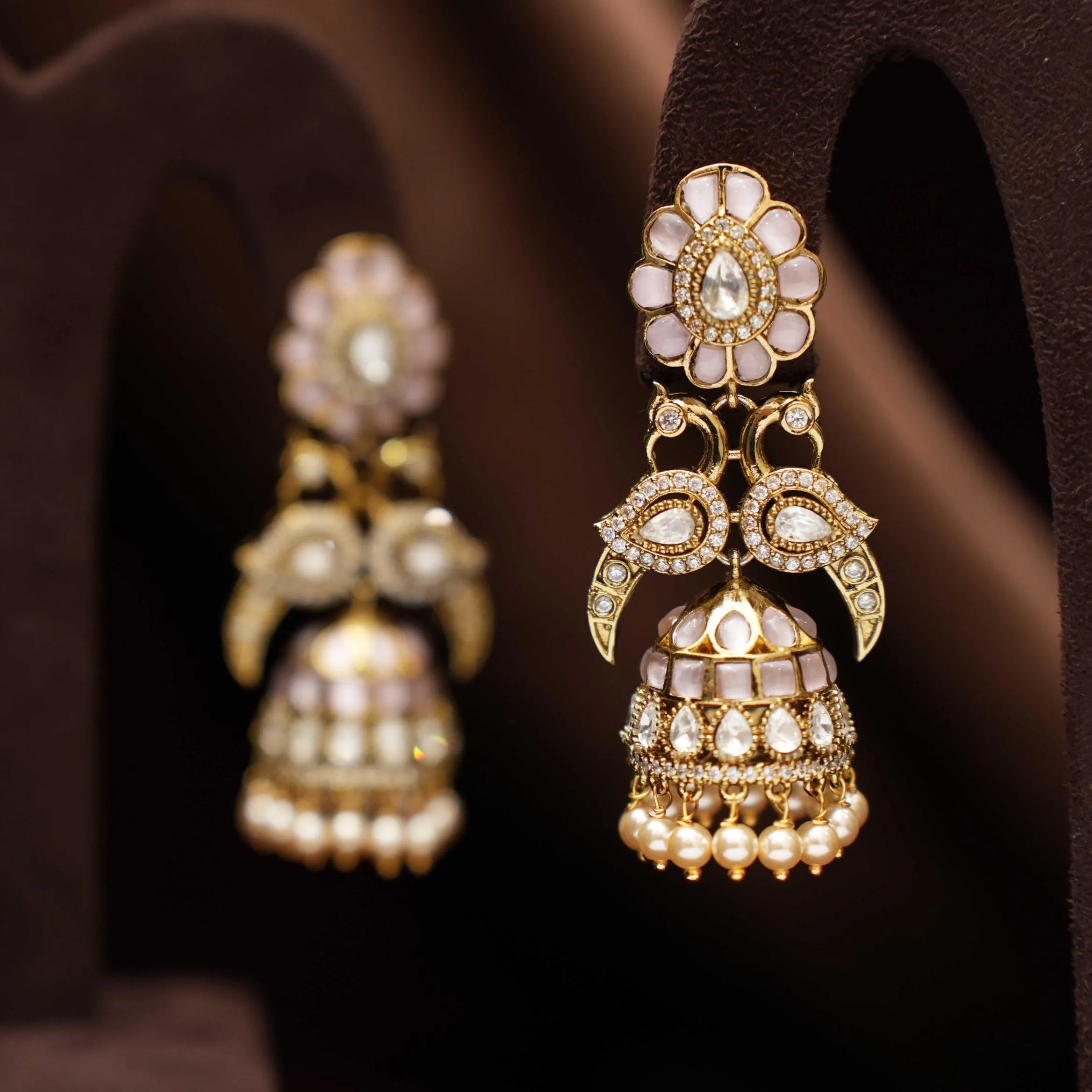 Saveer Polki Jhumka Earrings - Pastel Pink