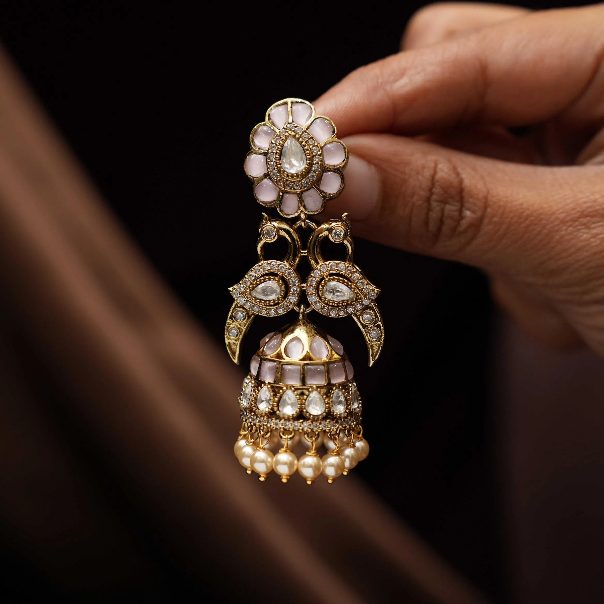 Saveer Polki Jhumka Earrings - Pastel Pink