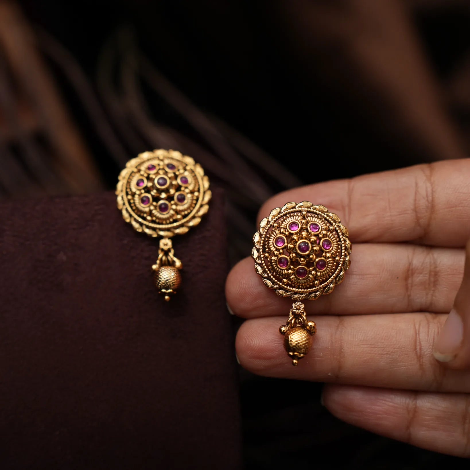 Savitri Antique Ear Stud - Ruby Pink