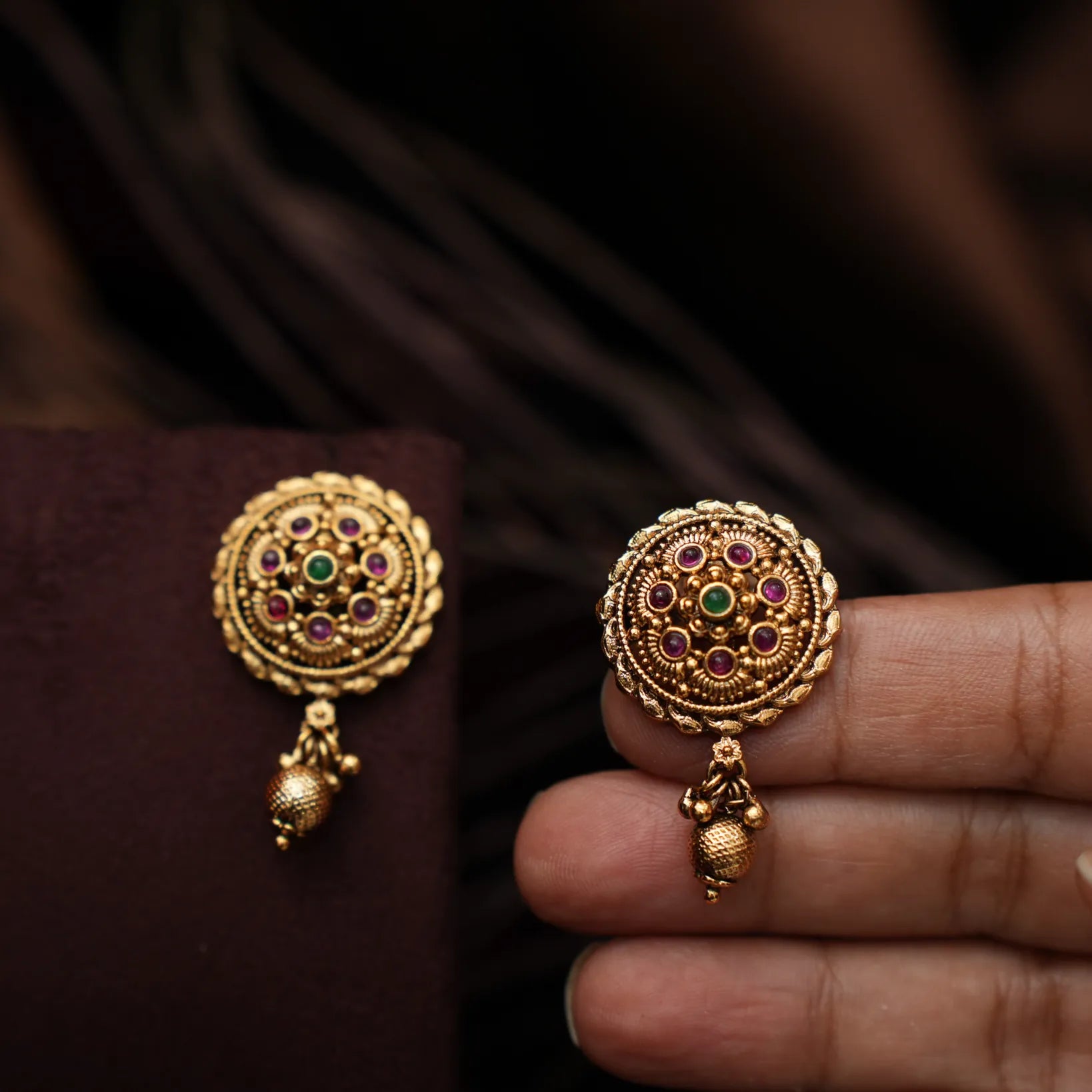 Savitri Antique Ear Stud - Red & Green