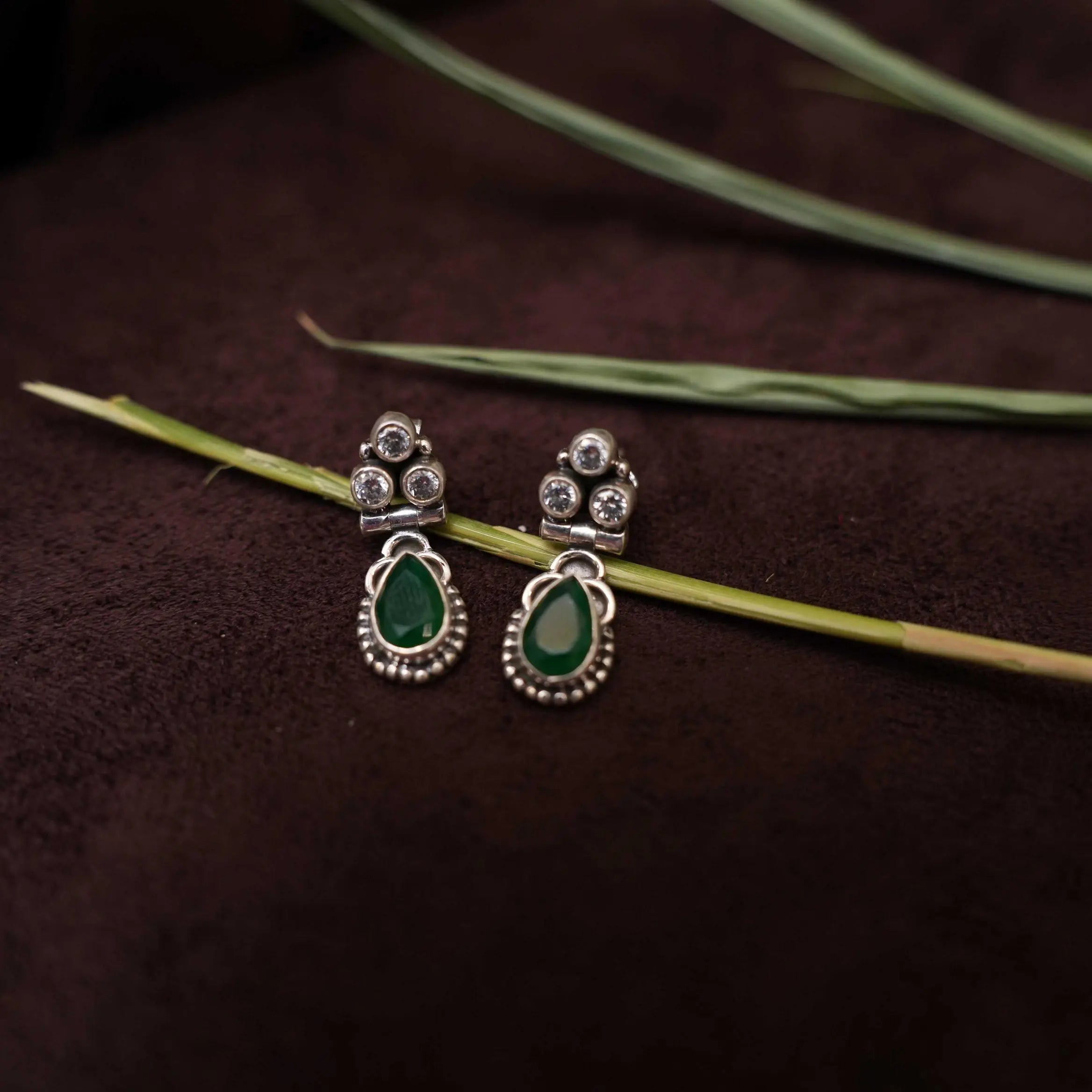 Sayuri Silver Oxidised Earrings - Green