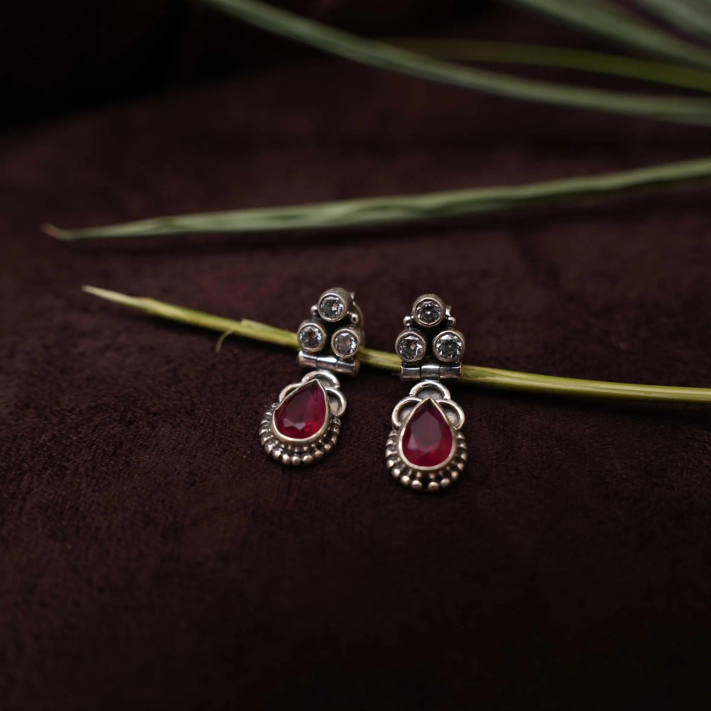 Sayuri Silver Oxidised Earrings - Red