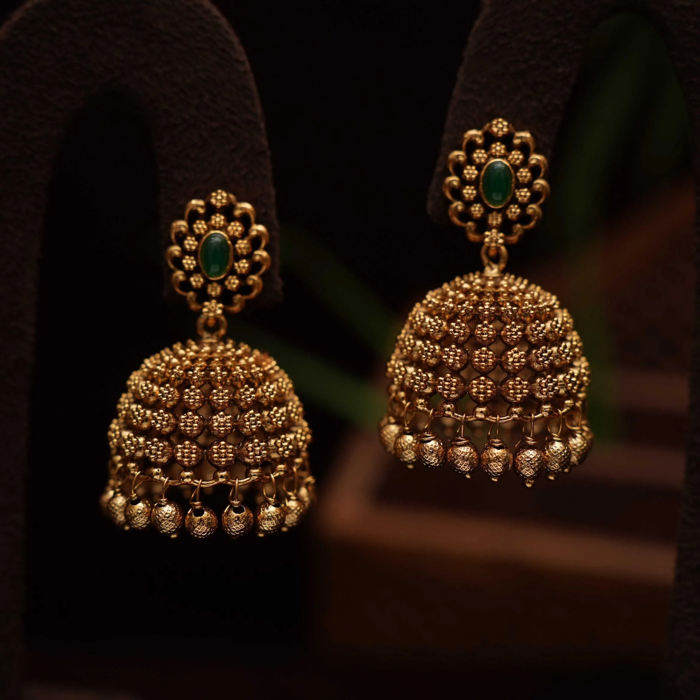 Selvi Antique Jhumka Earrings - Green