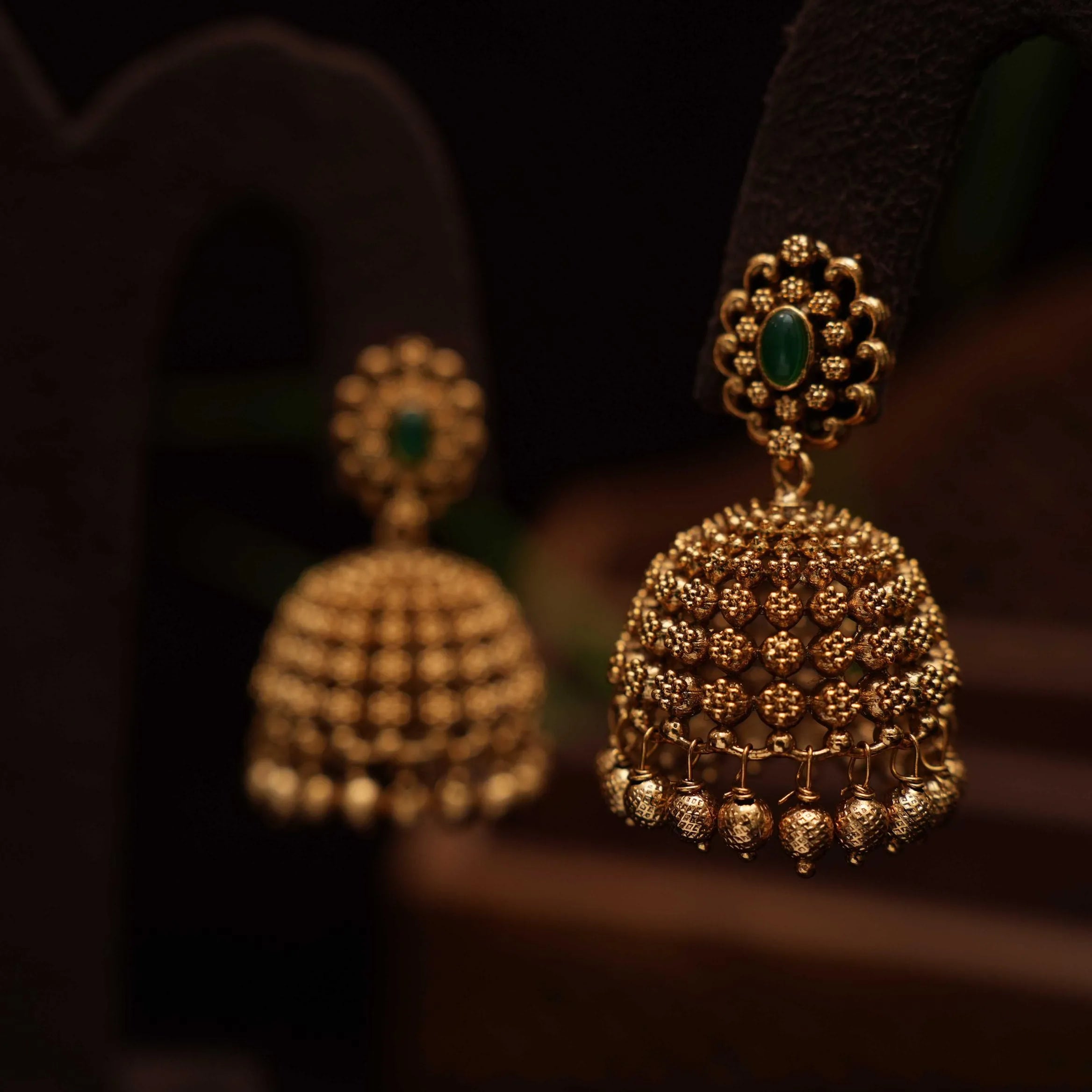 Selvi Antique Jhumka Earrings - Green