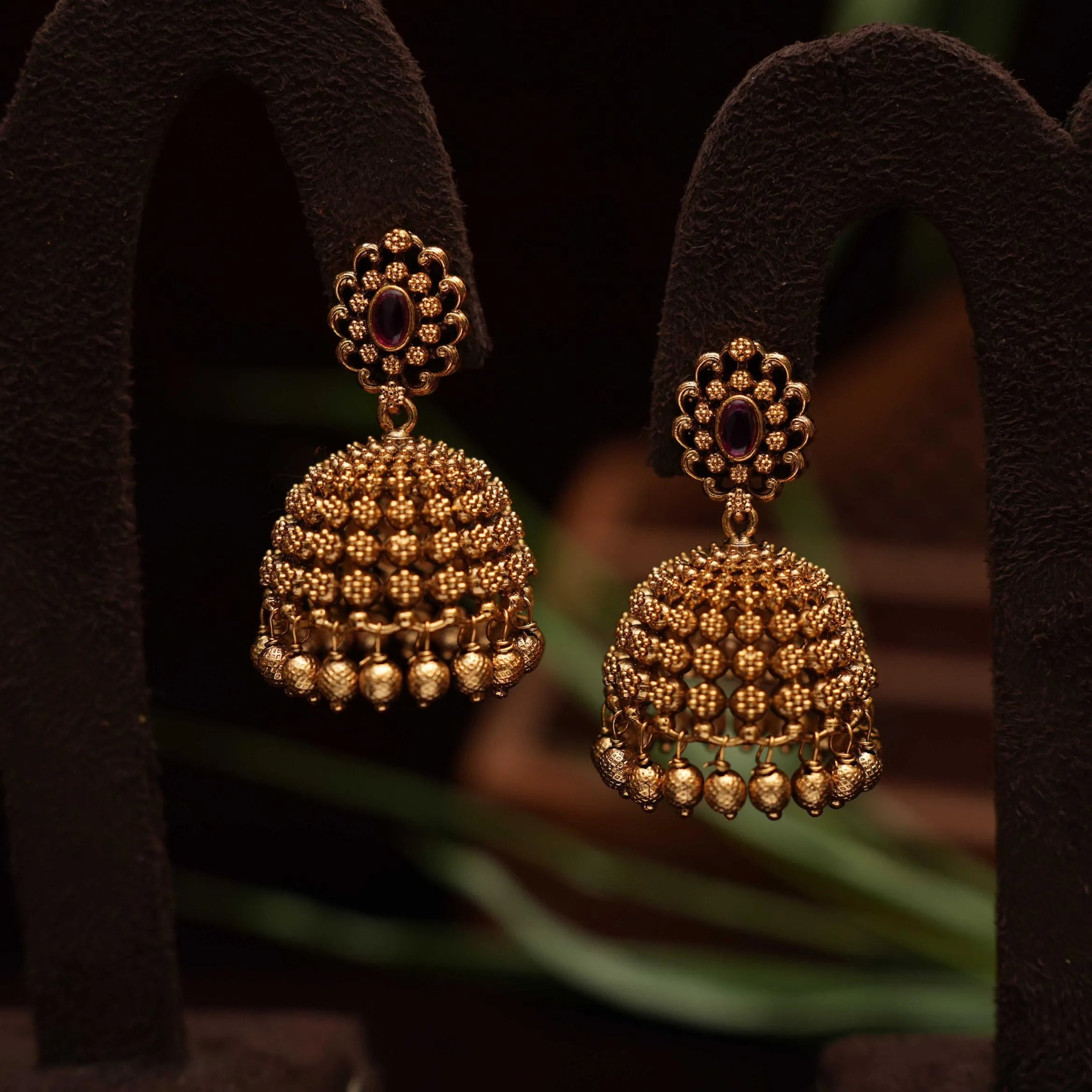 Selvi Antique Jhumka Earrings - Red