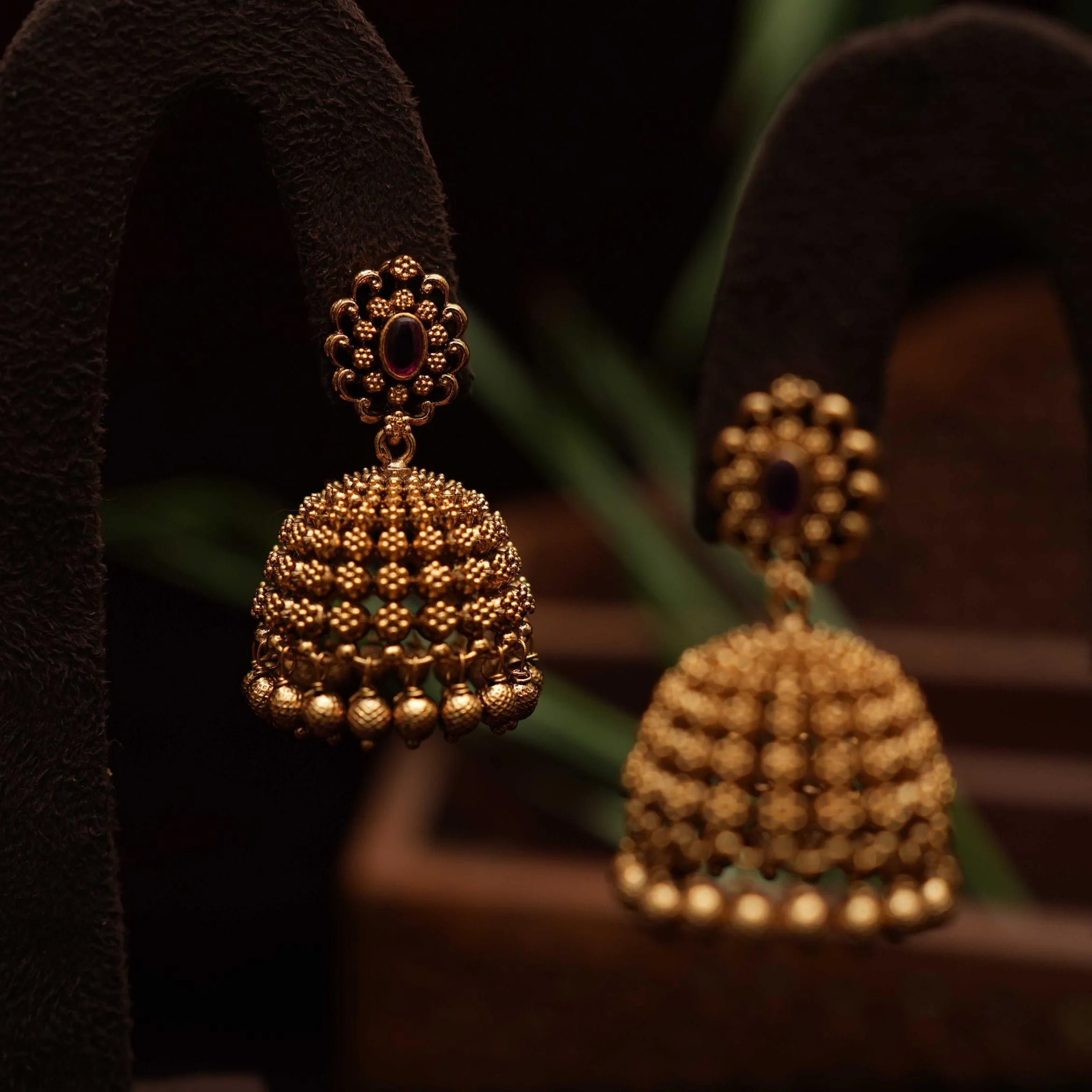 Selvi Antique Jhumka Earrings - Red