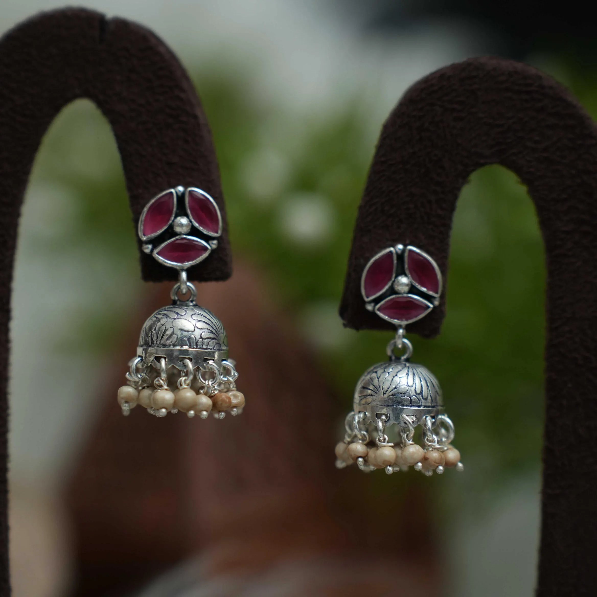 Selvi Silver Jhumka Earrings - Cream