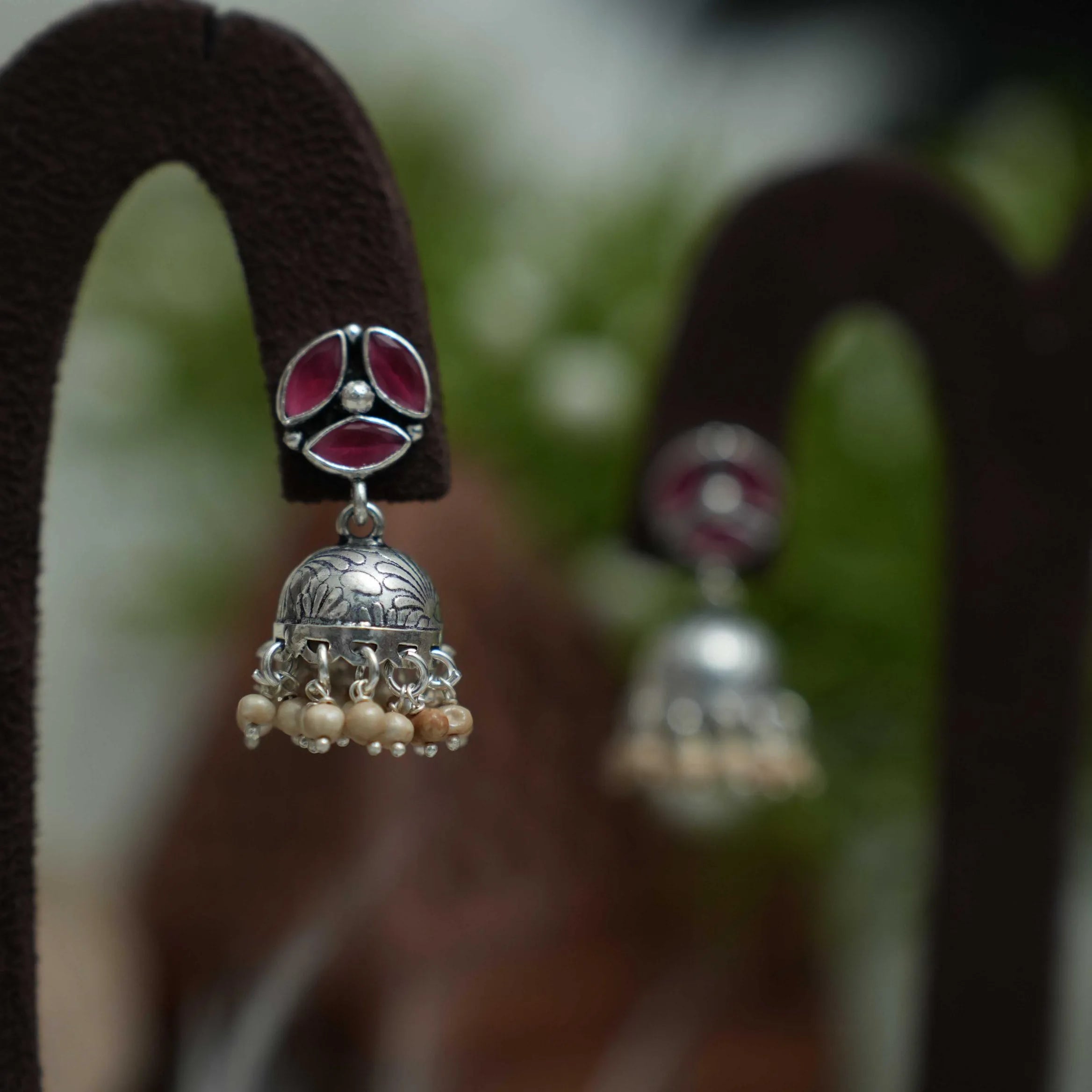 Selvi Silver Jhumka Earrings - Cream