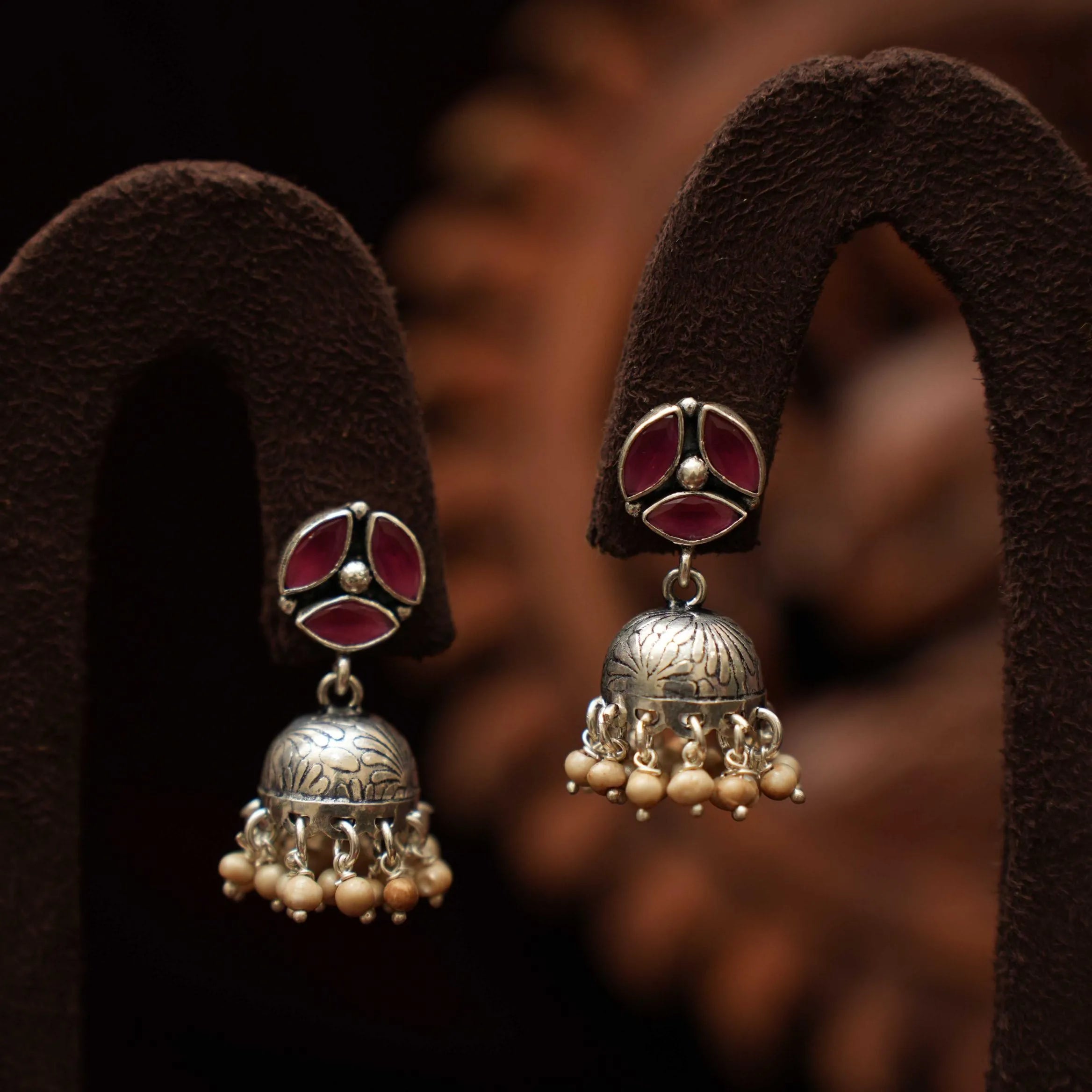 Selvi Silver Jhumka Earrings - Cream