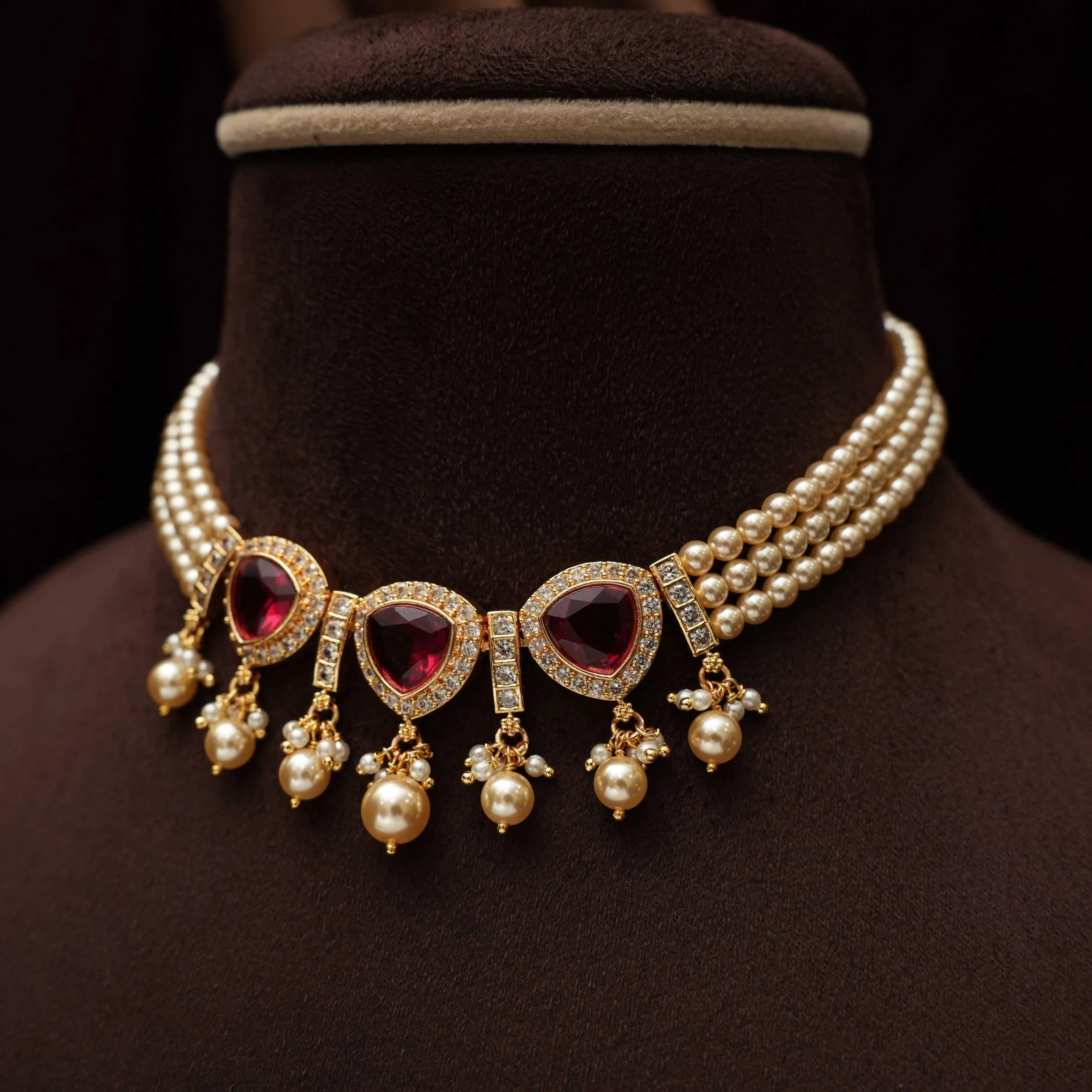 Shanti Beaded Pearl Choker - Red