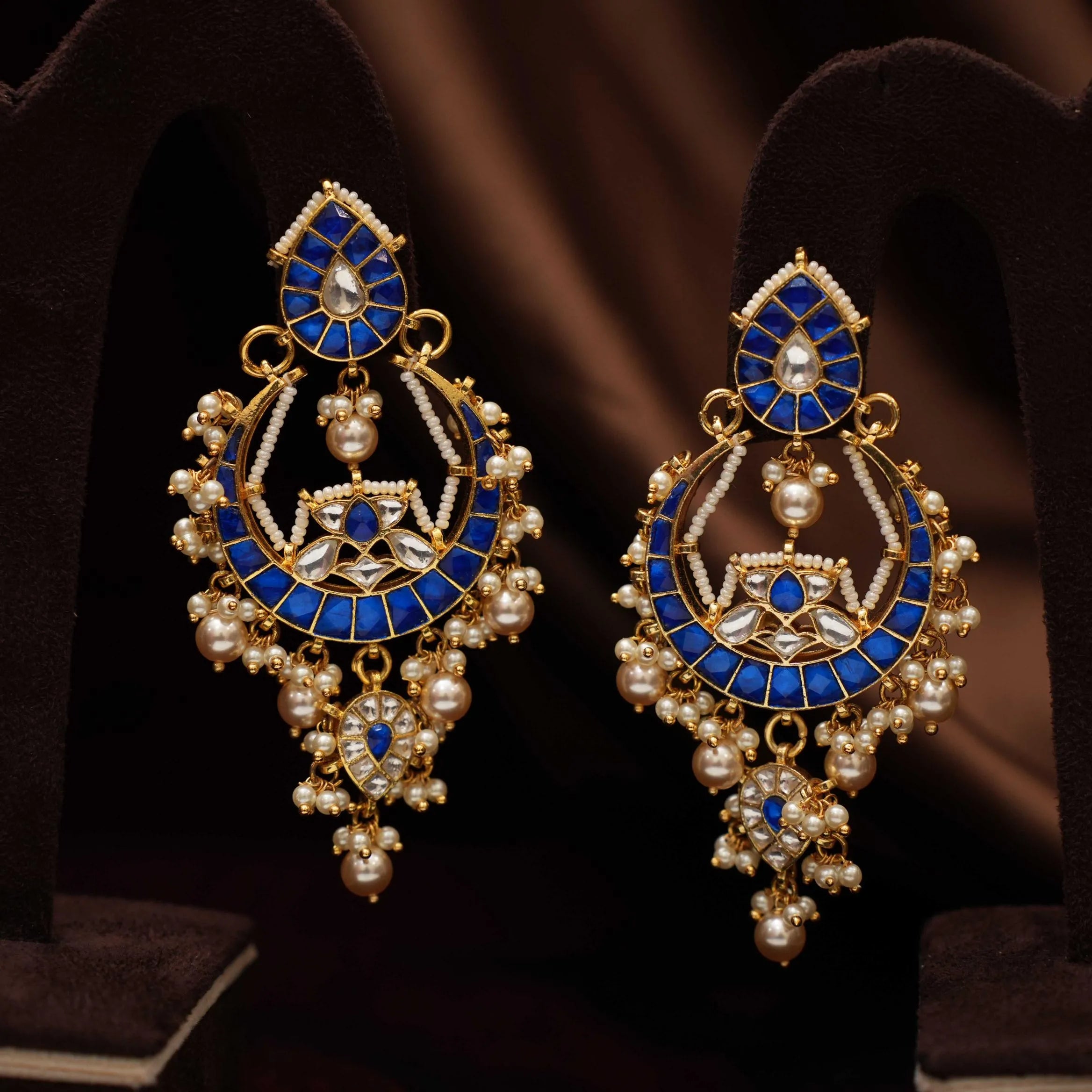 Sharvi Polki Chandbali Earrings - Blue