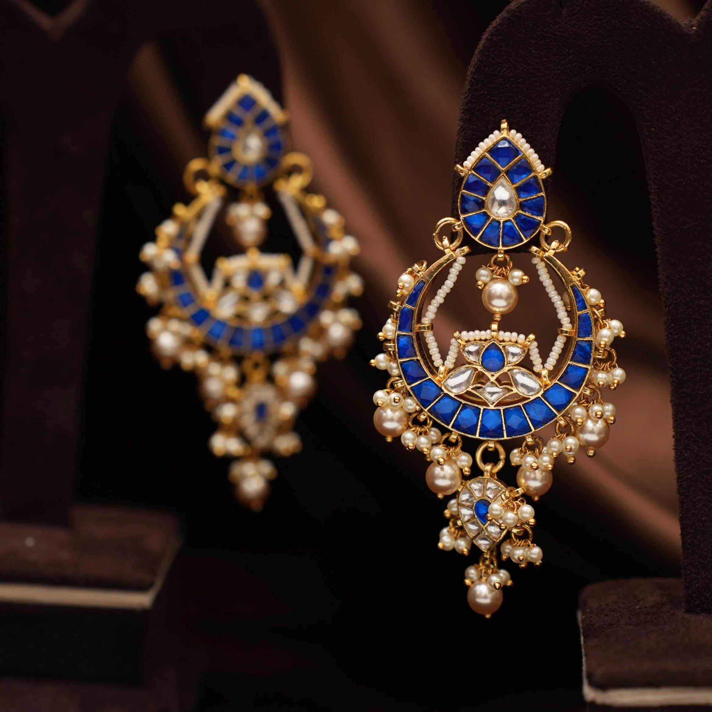 Sharvi Polki Chandbali Earrings - Blue