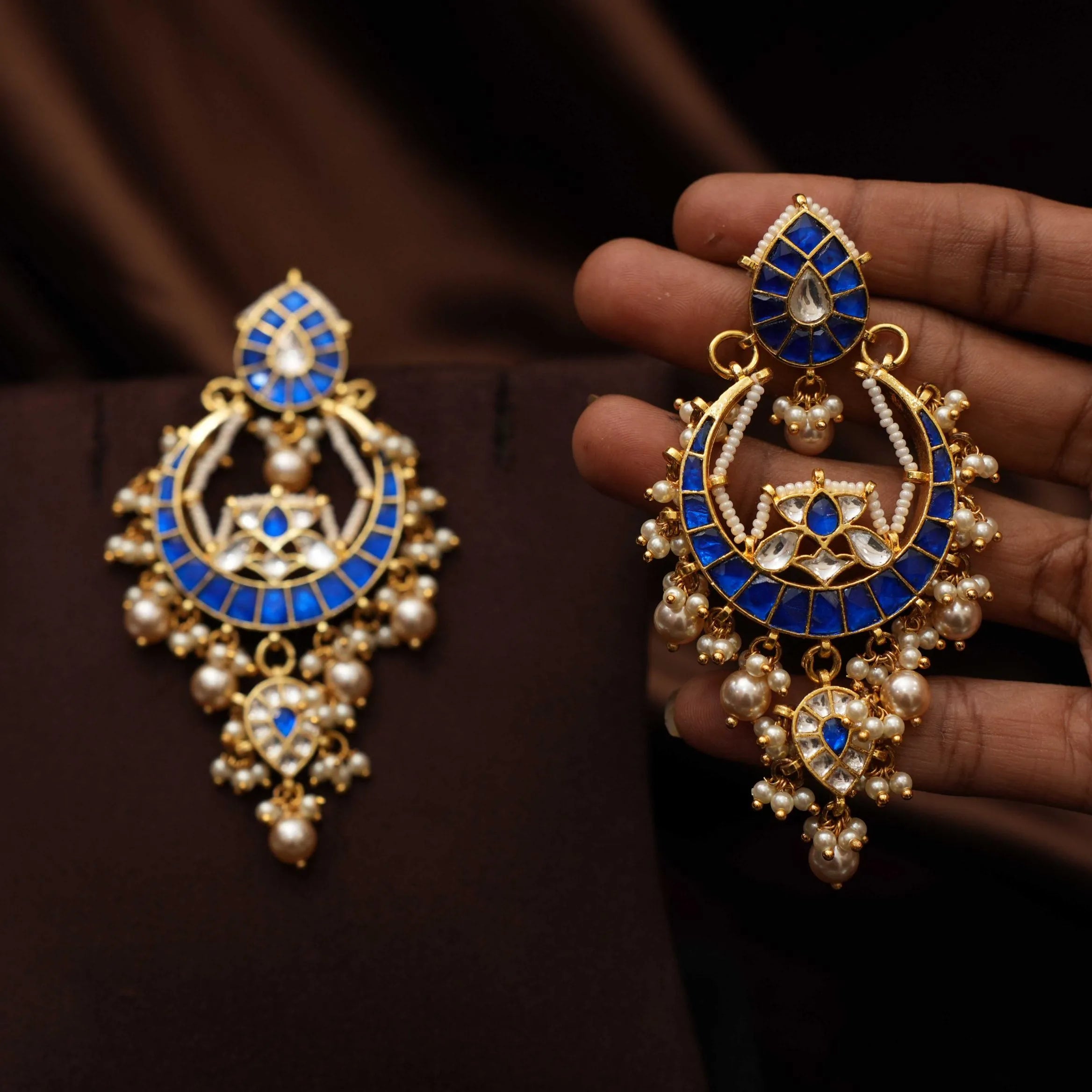 Sharvi Polki Chandbali Earrings - Blue