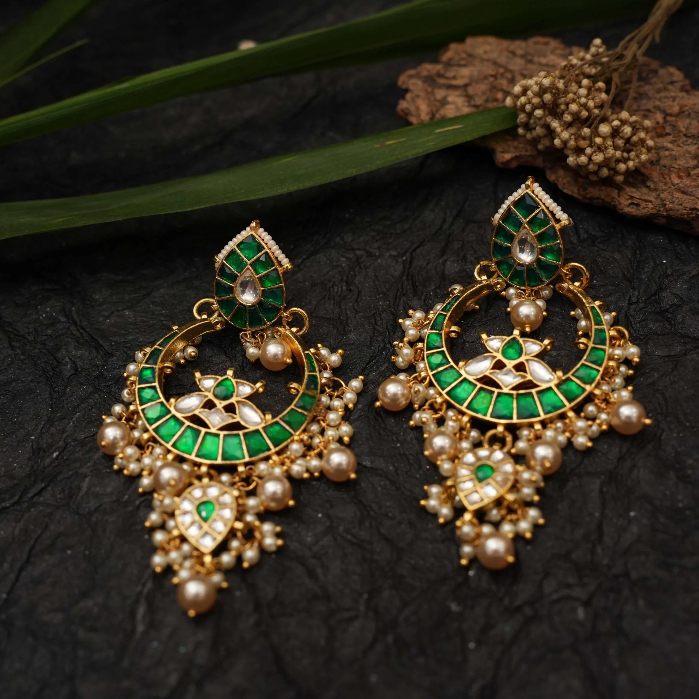 Sharvi Polki Chandbali Earrings - Green