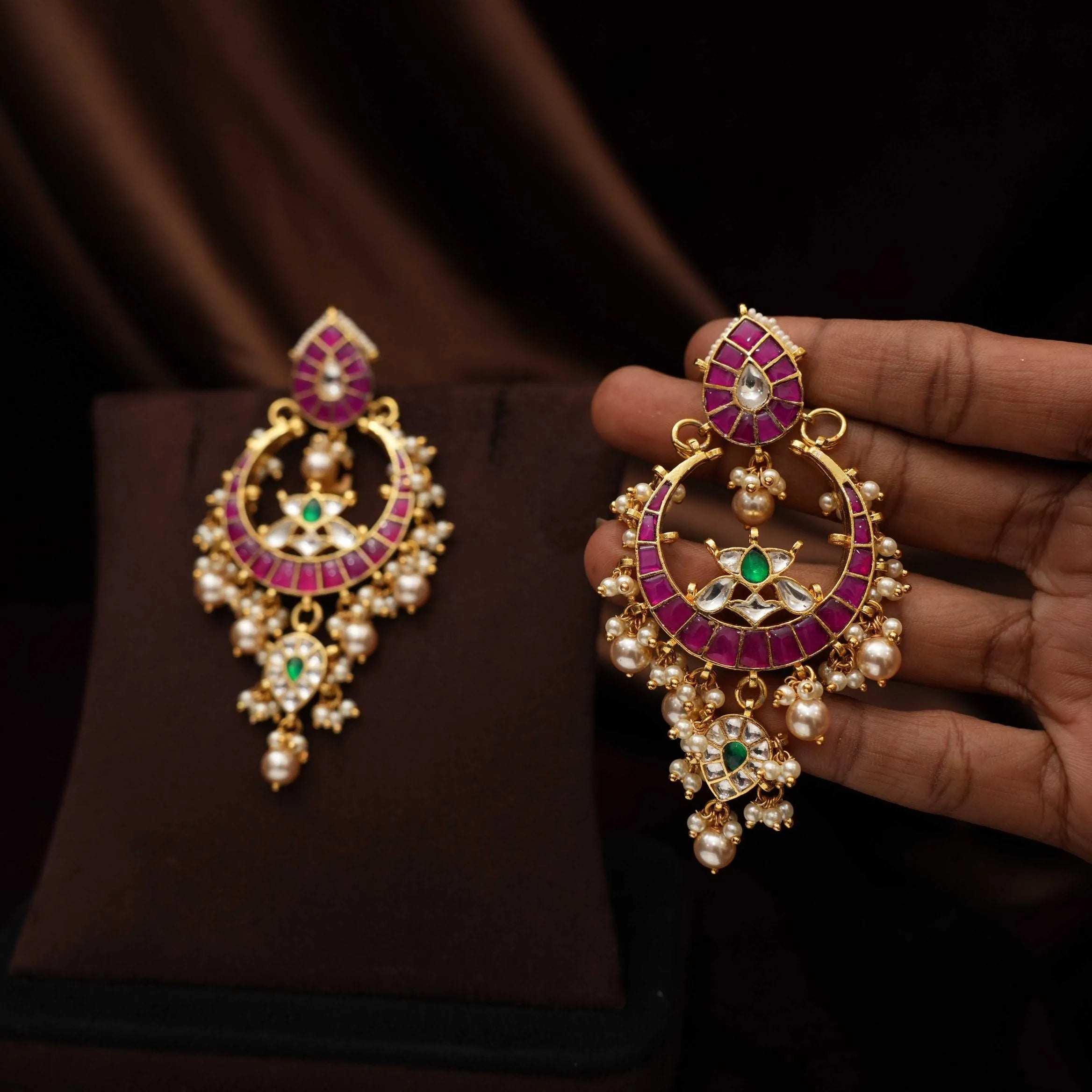 Sharvi Polki Chandbali Earrings - Red & Green