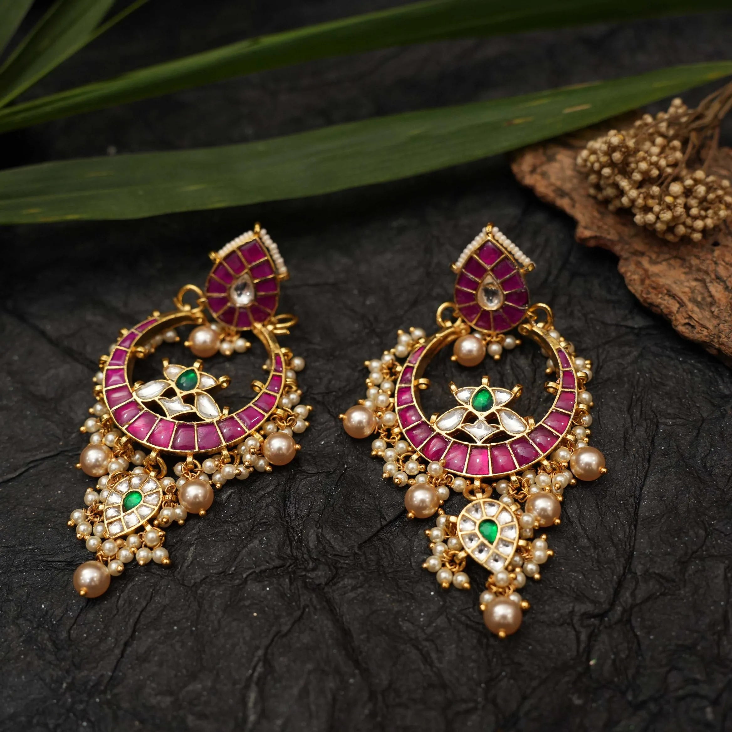 Sharvi Polki Chandbali Earrings - Red & Green
