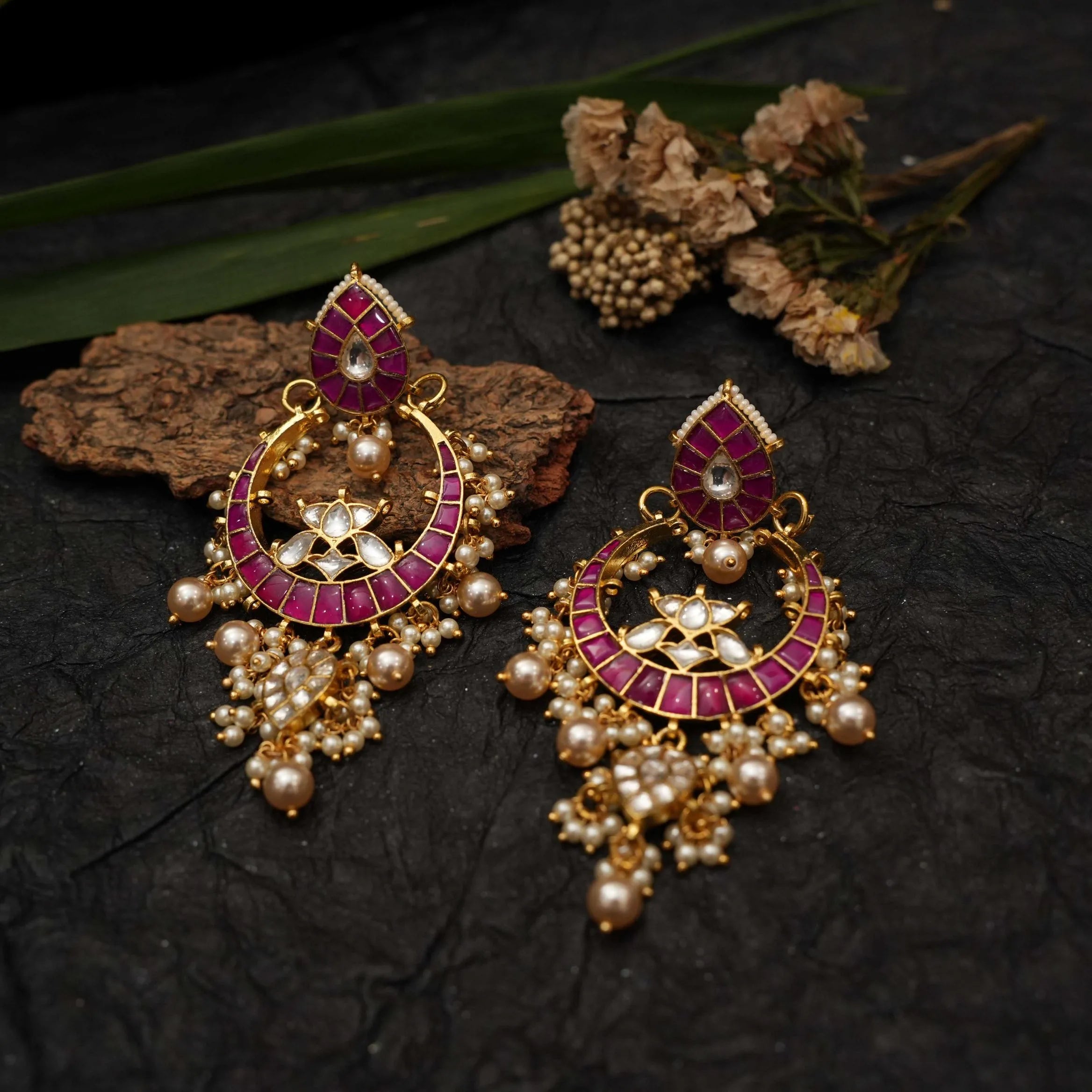 Sharvi Polki Chandbali Earrings - Red