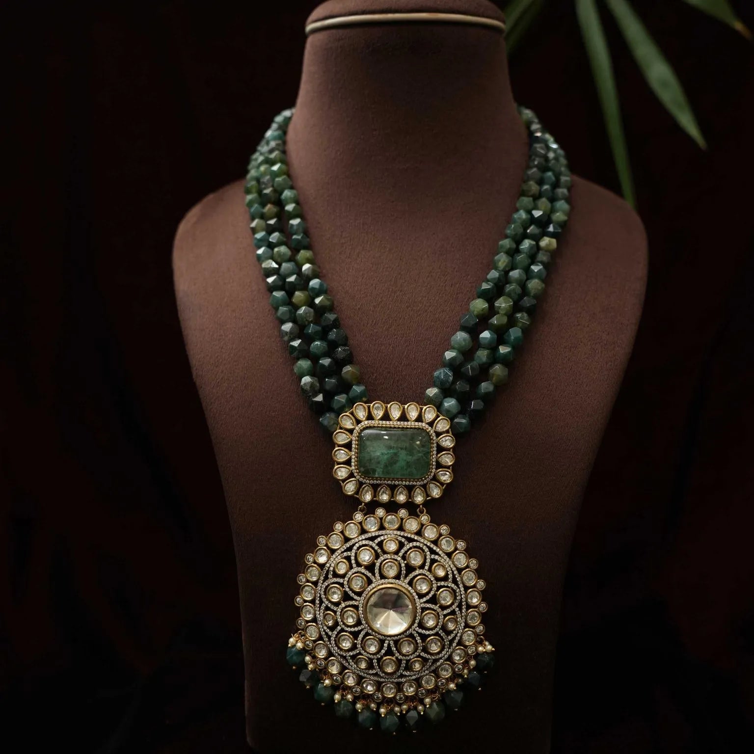 Shiana Beaded Polki Necklace - Dark Green