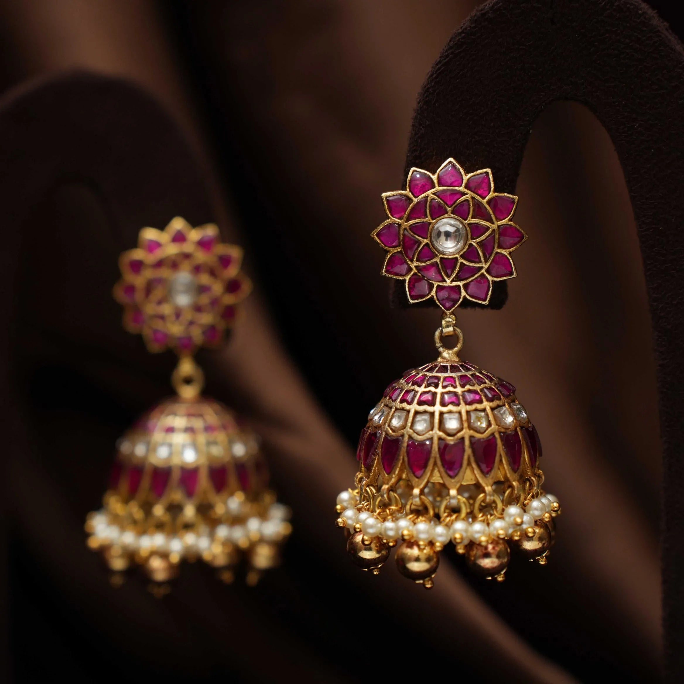 Shiloh Polki Jhumka Earrings - Red & White