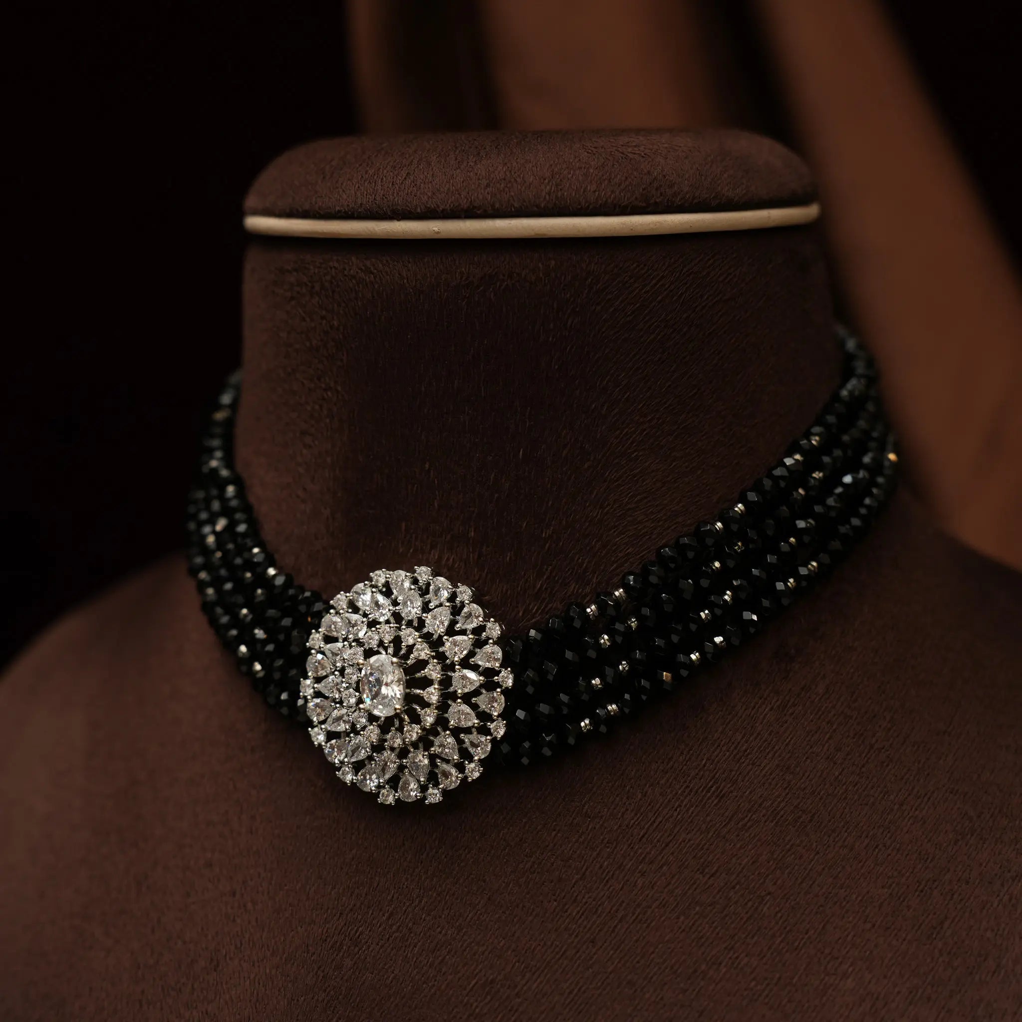 Shreya Beaded Choker - Black Silver Toned Finish