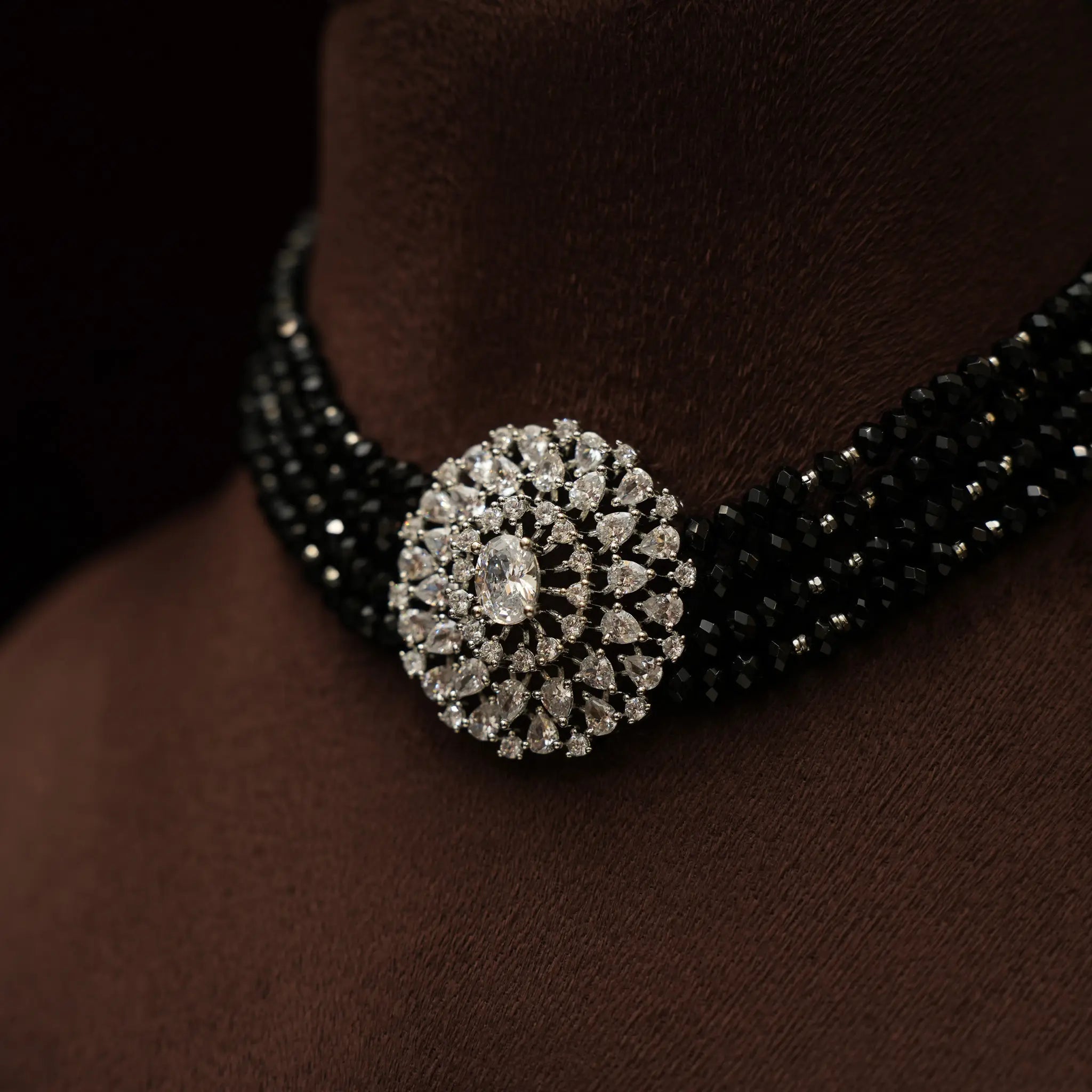 Shreya Beaded Choker - Black Silver Toned Finish