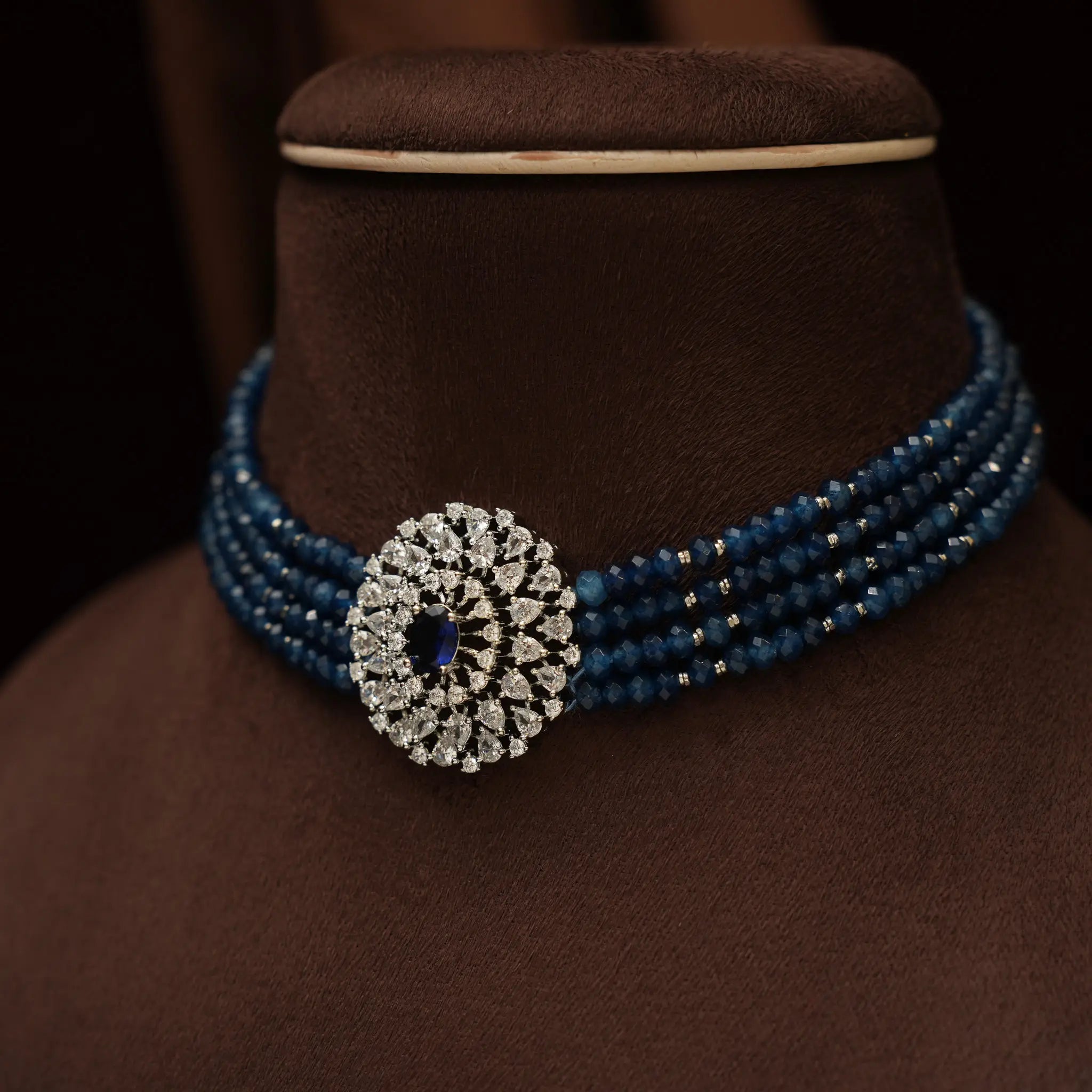 Shreya Beaded Choker - Blue Silver Toned Finish
