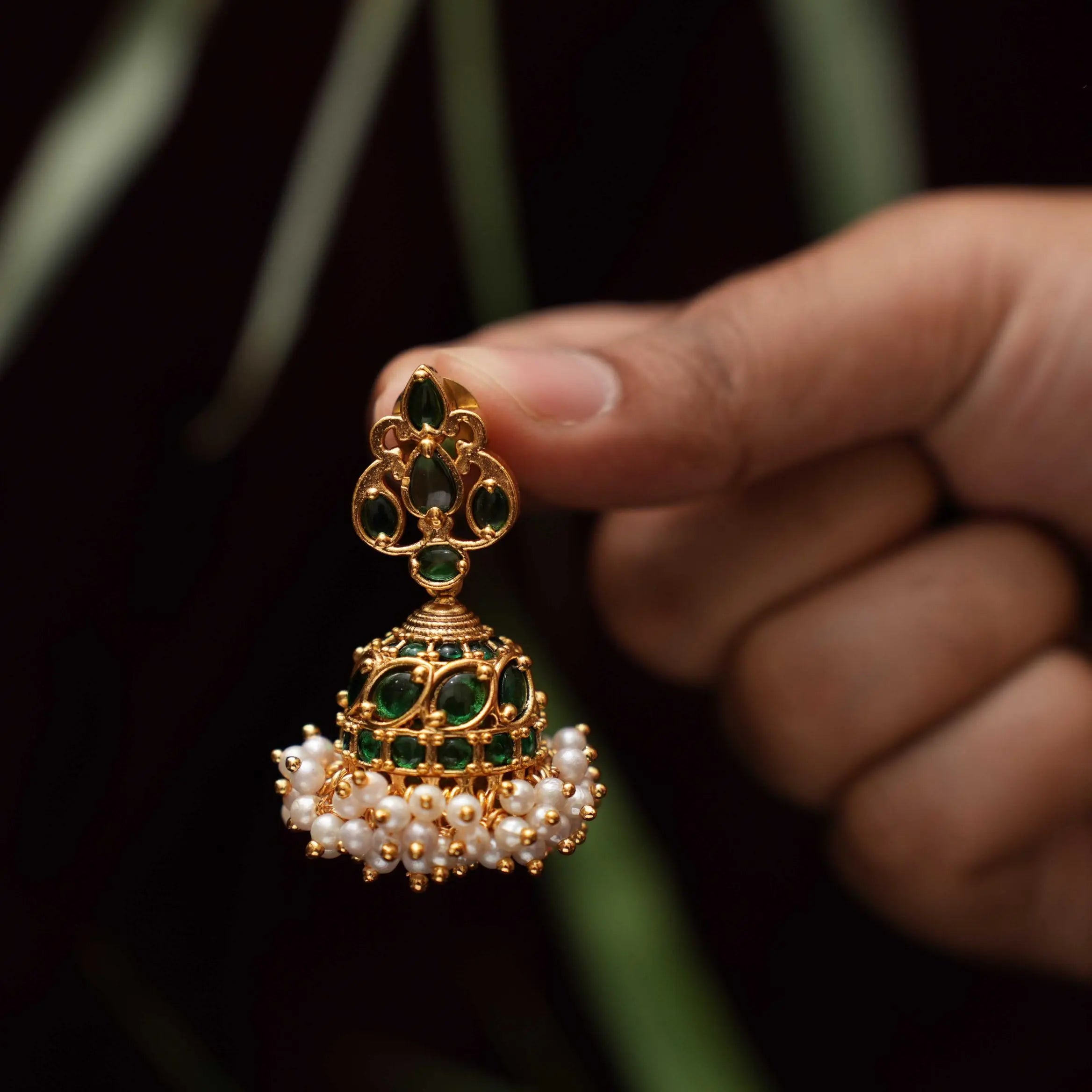 Sindhu Antique Jhumka Earrings - Green