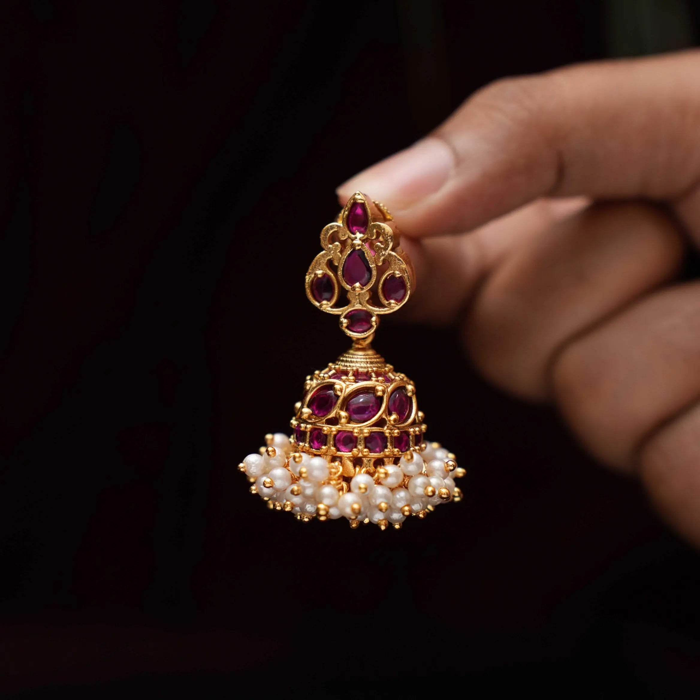 Sindhu Antique Jhumka Earrings - Red