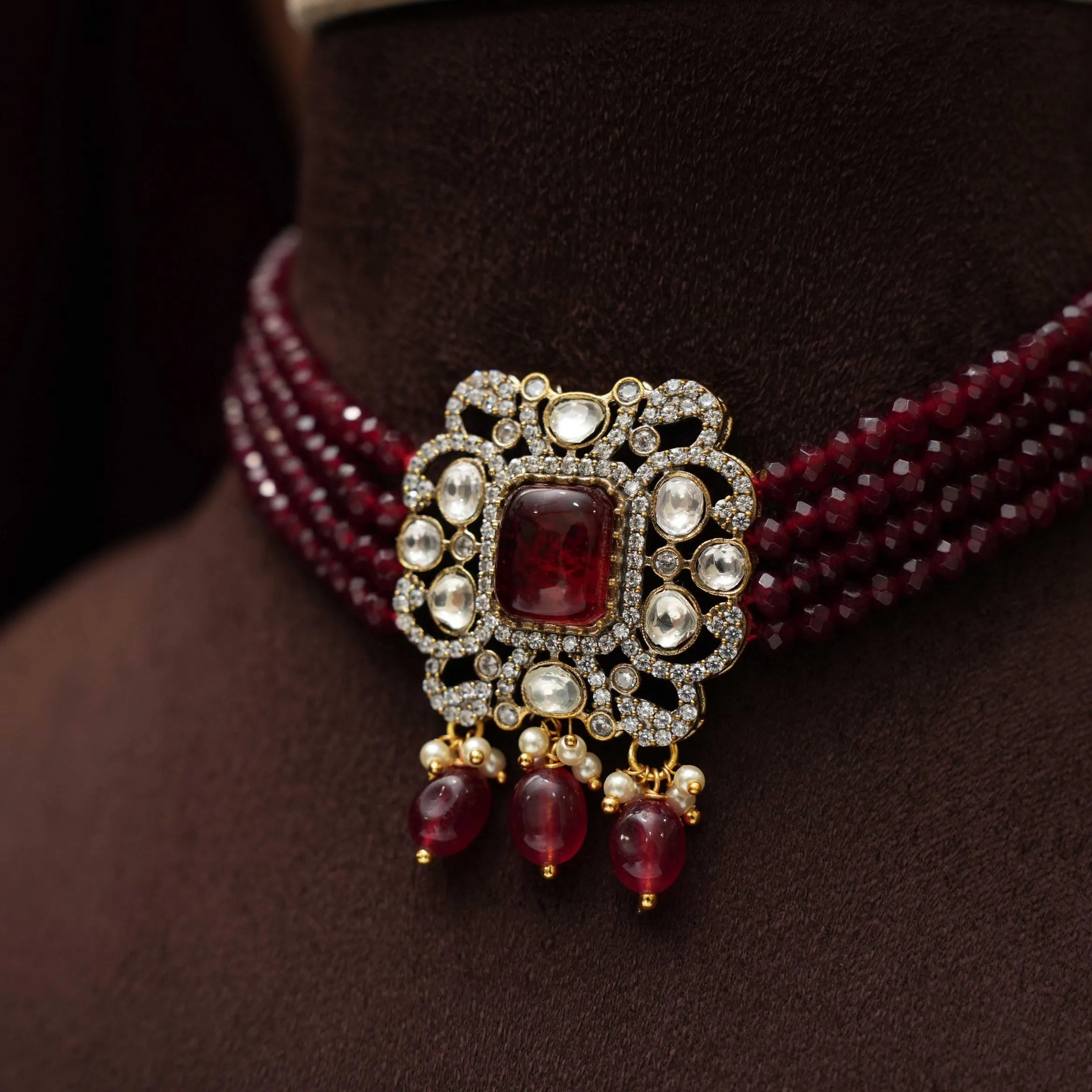 Srinika Polki Beaded Choker - Maroon