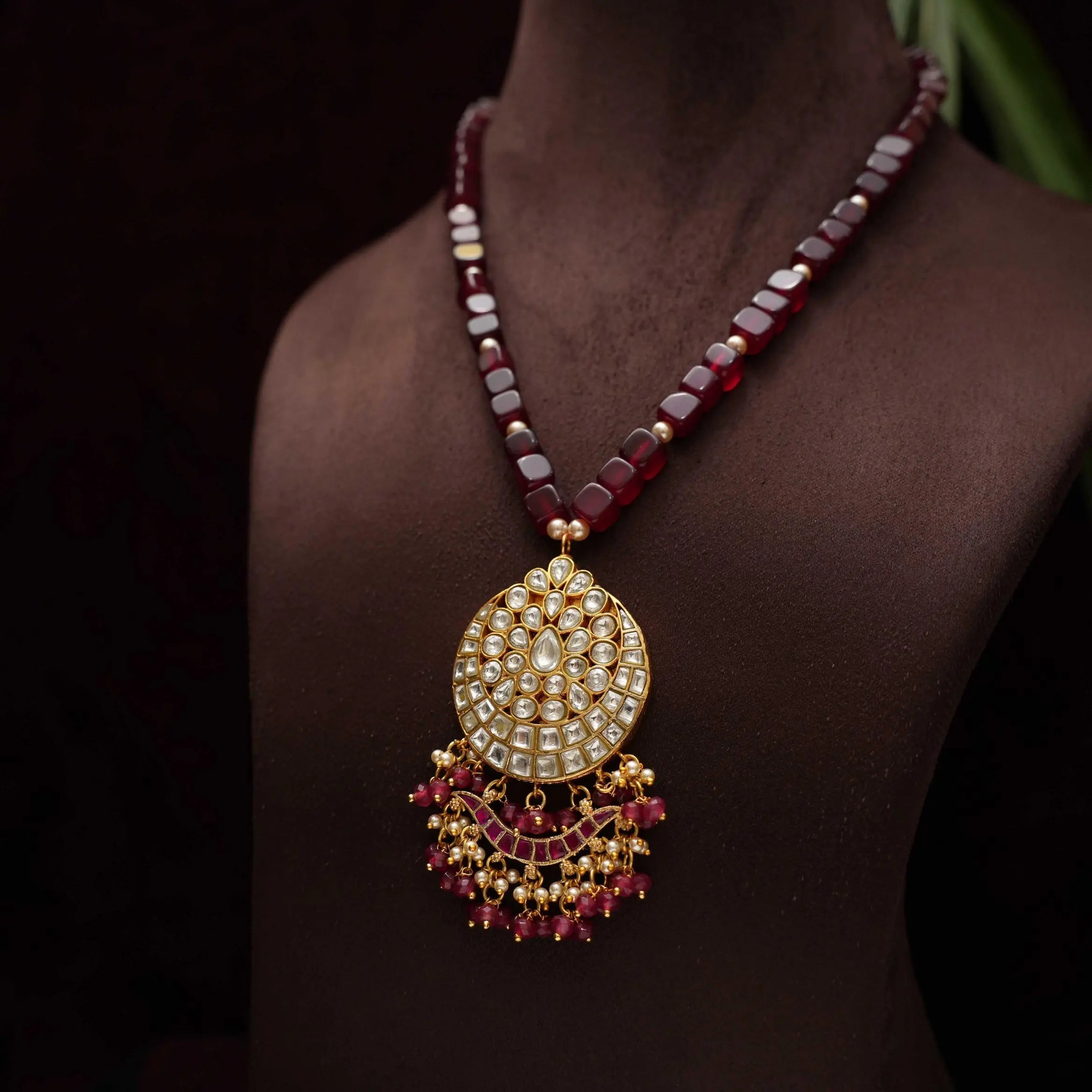 Sripriya Polki Beaded Necklace - Red