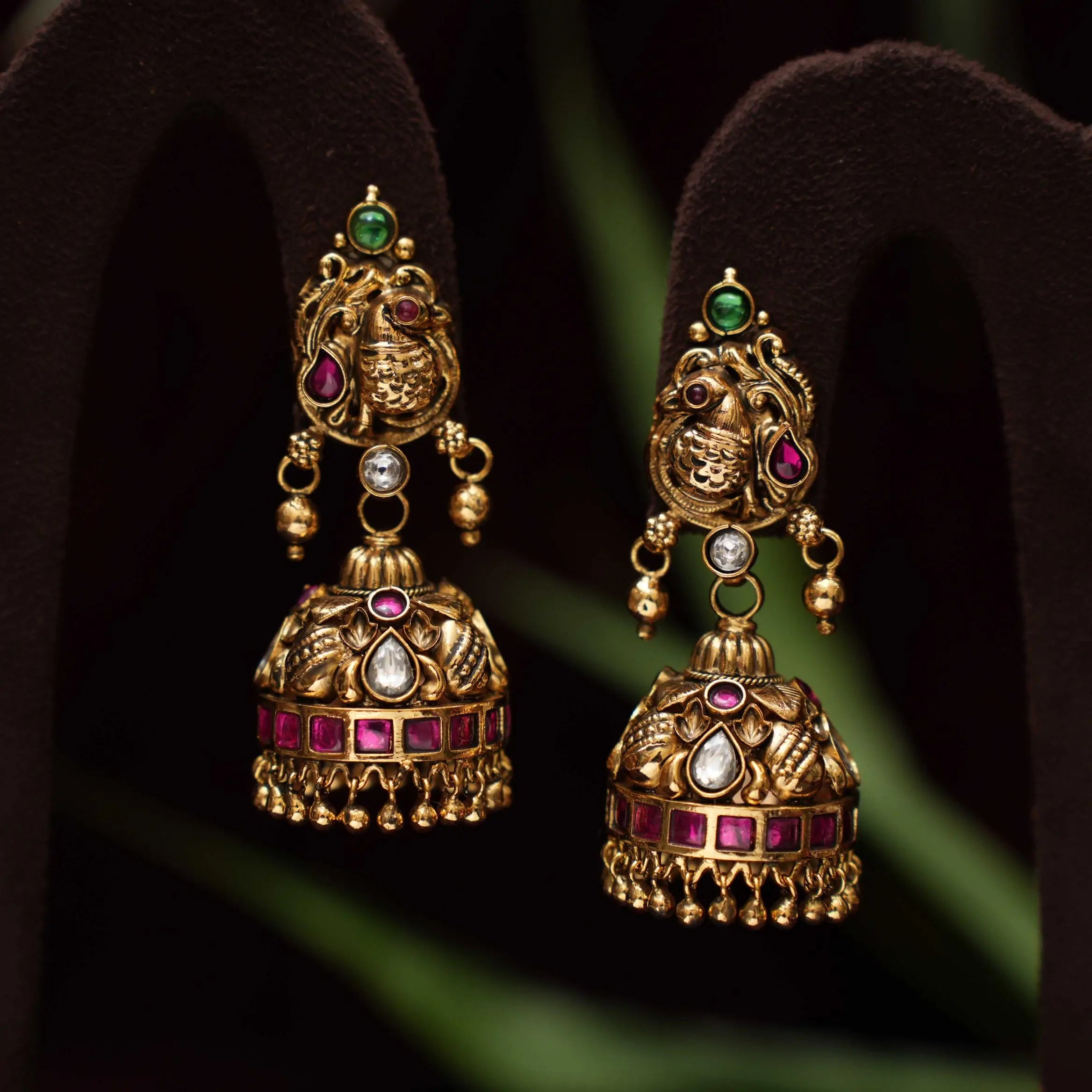 Sushma Antique Jhumka Earrings - Red