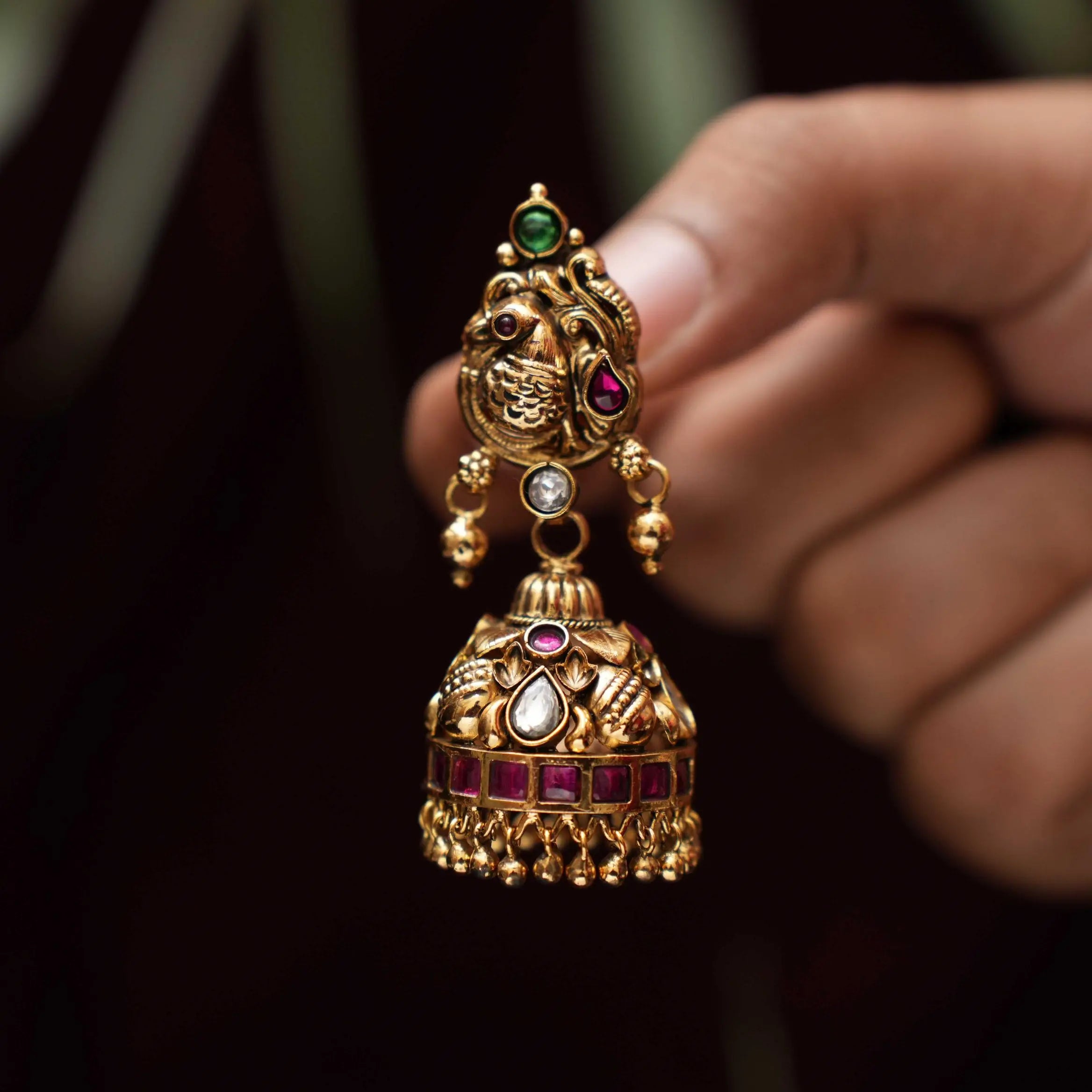Sushma Antique Jhumka Earrings - Red