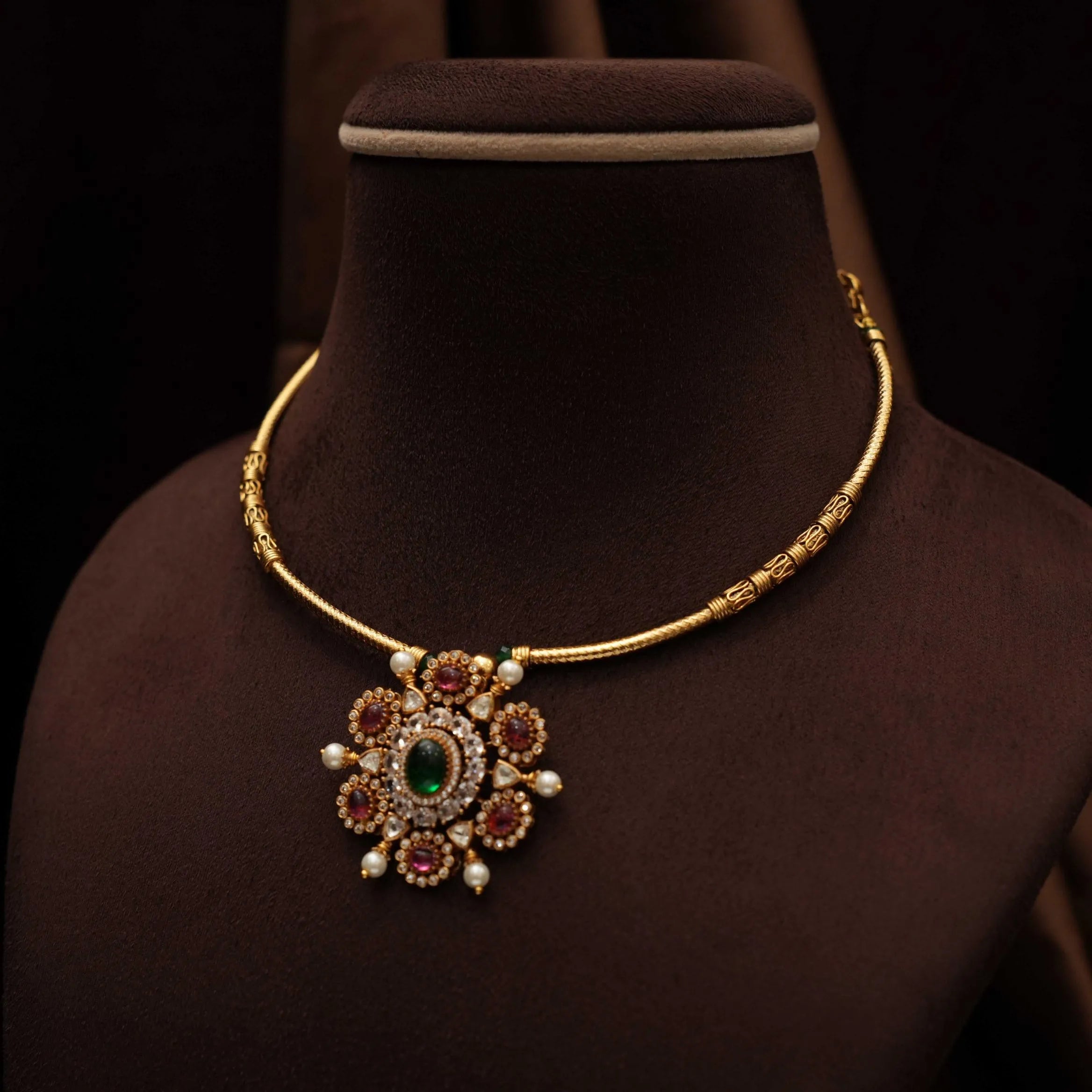 Swara Antique Hasli Necklace - Red & Green