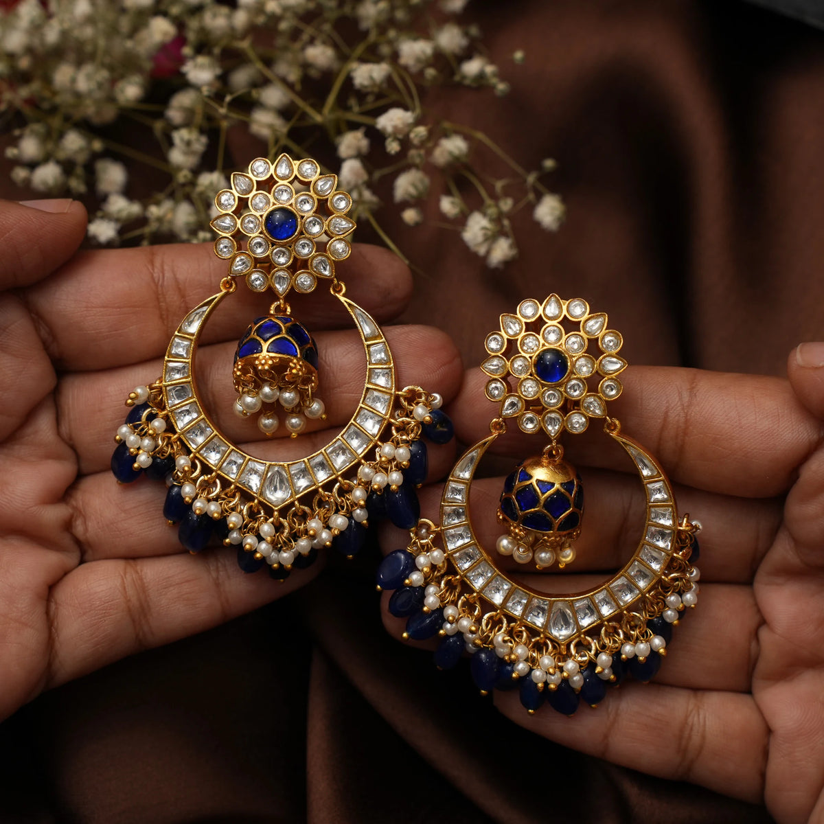 Tara Polki Chandbali Earrings - Blue