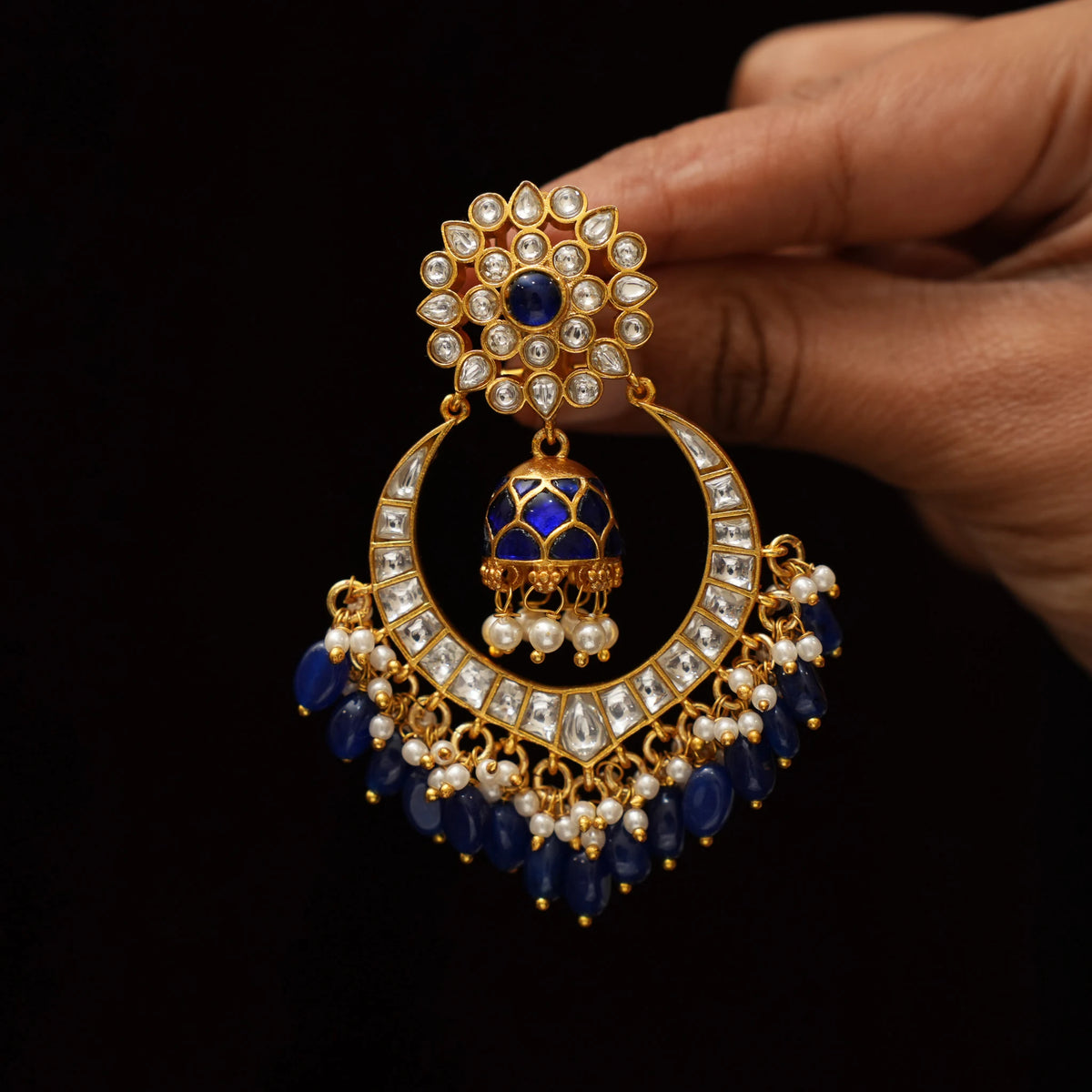Tara Polki Chandbali Earrings - Blue