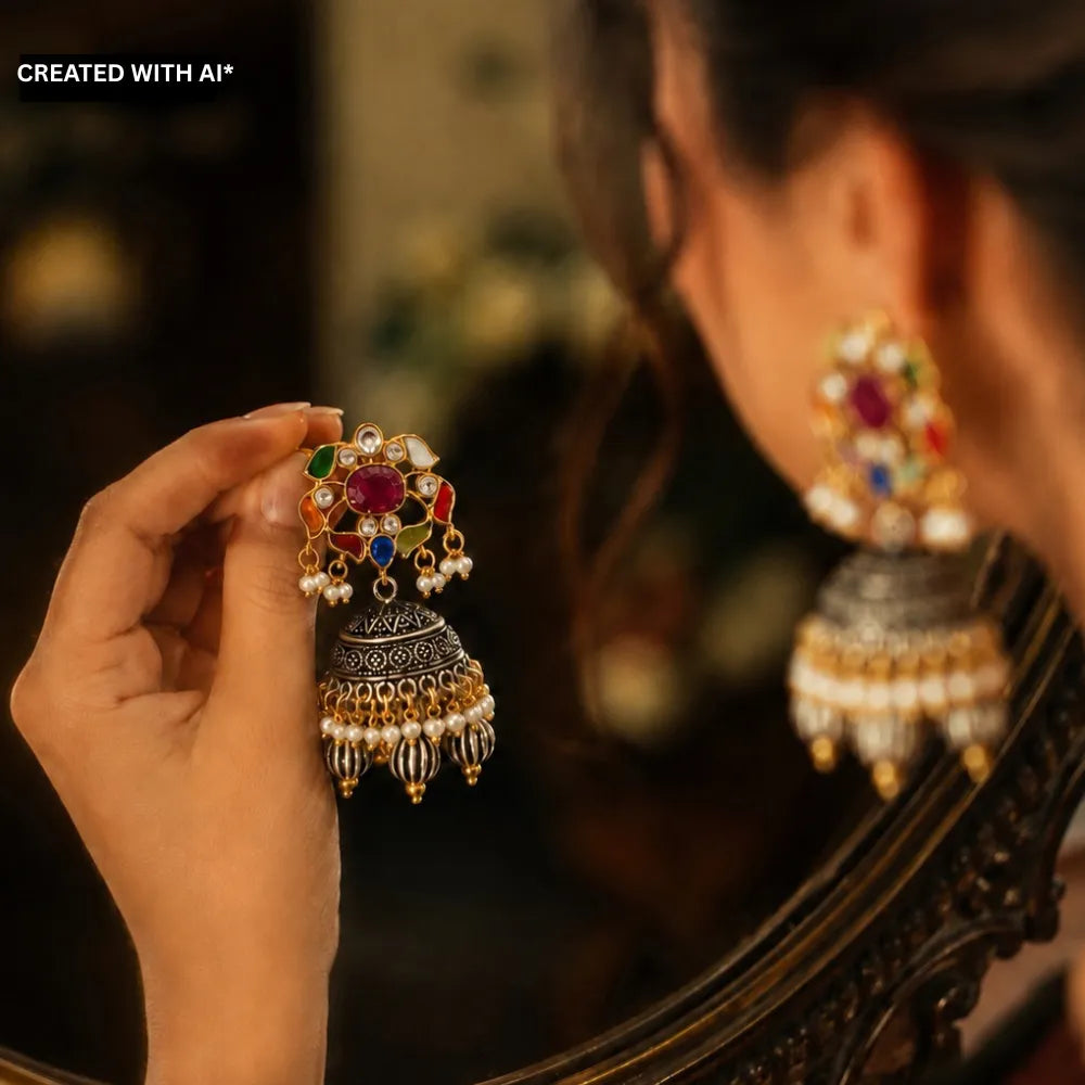 Thanika Antique Dual Tone Jhumka Earrings