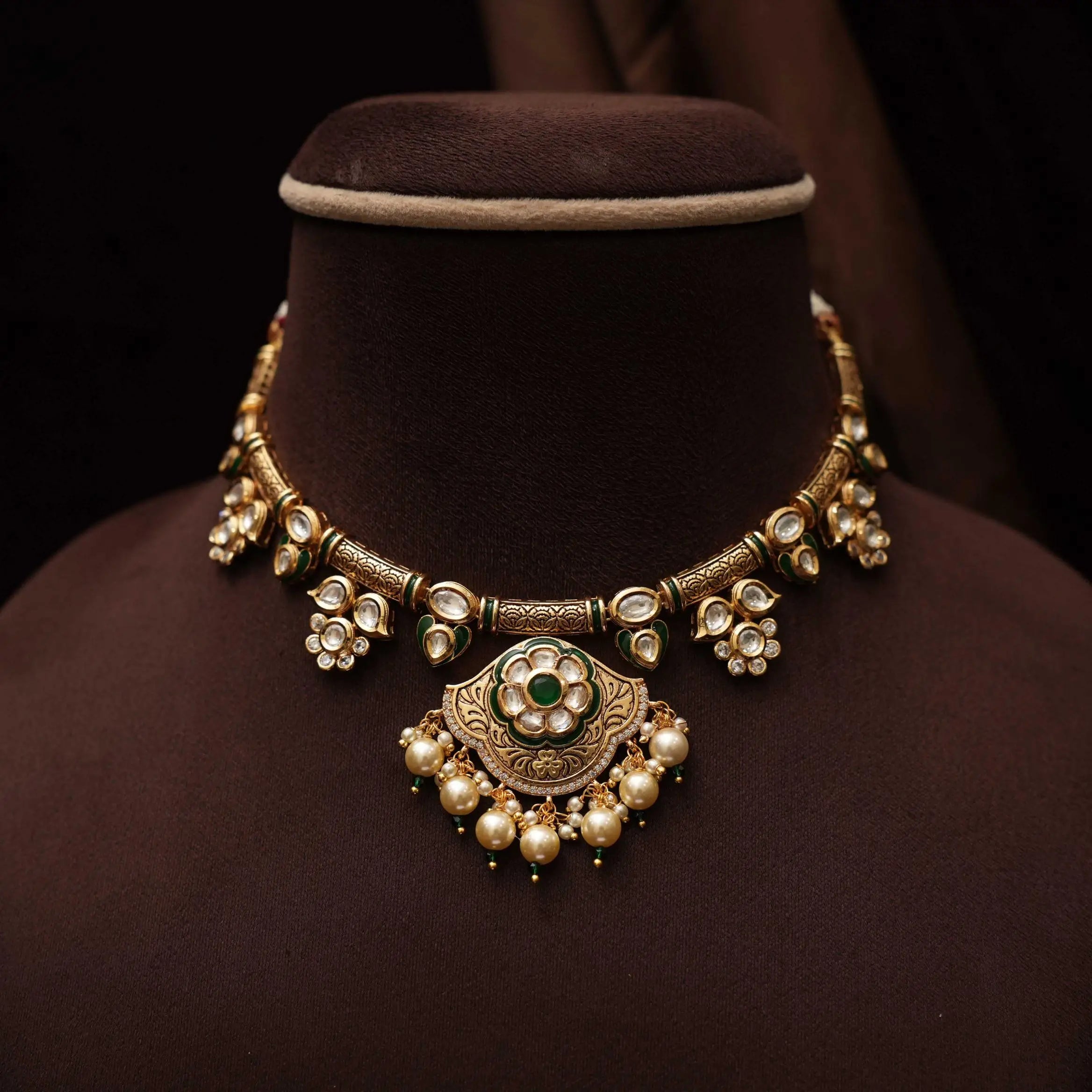 Tivra Kundan Hasli Necklace - Dark Green