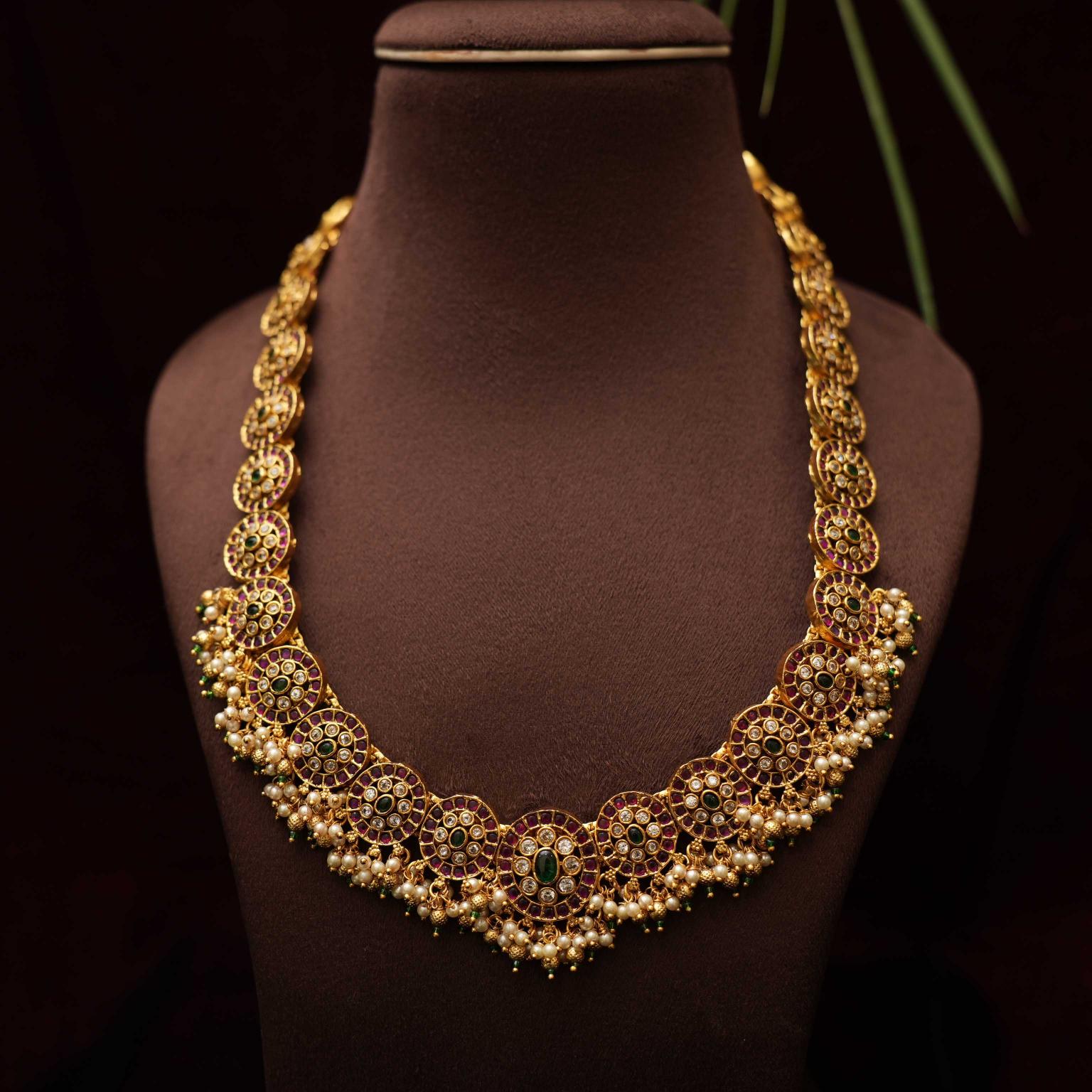 Traditional Long Necklace Set Made with Green and White stone