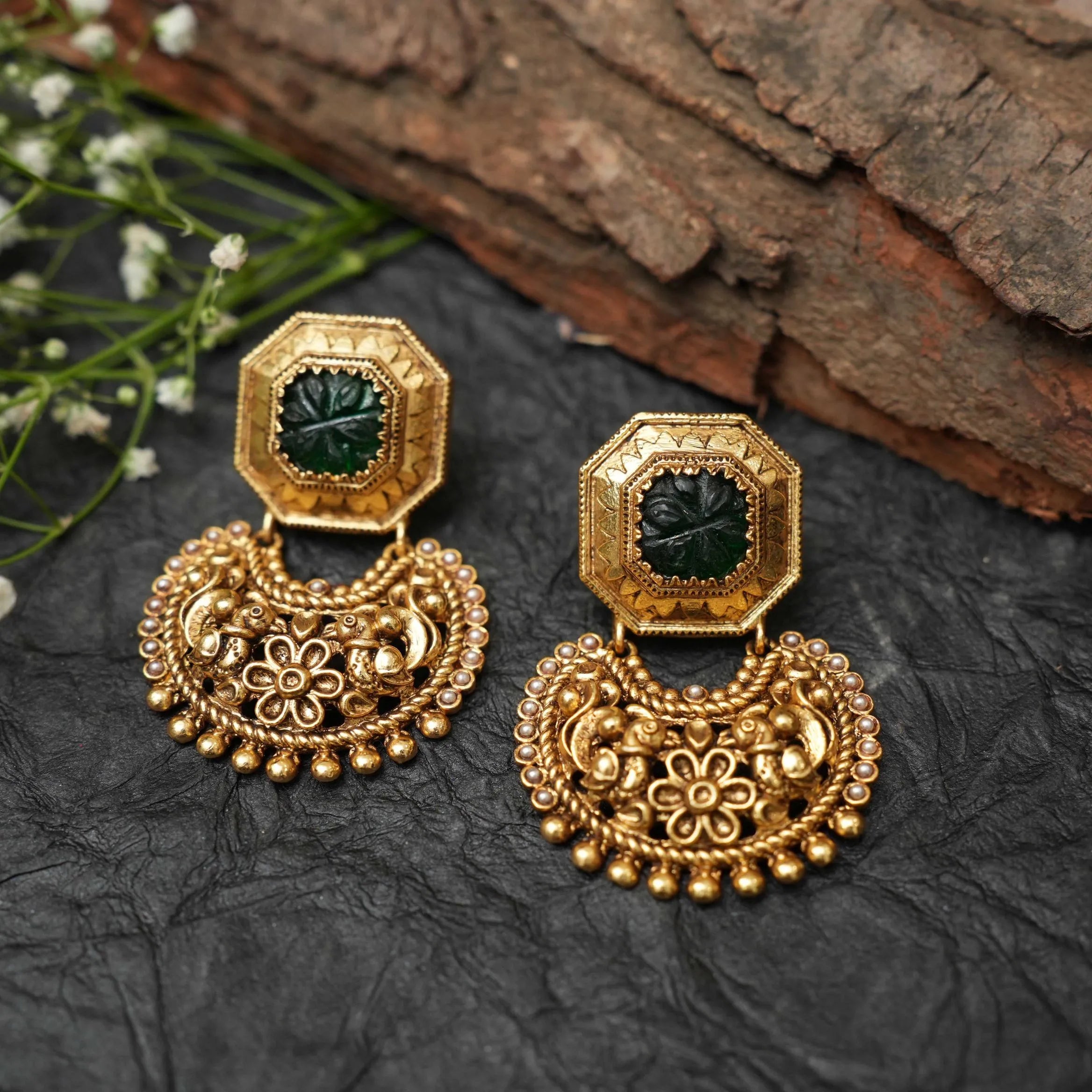 Trishika Antique Designer Earrings - Dark Green