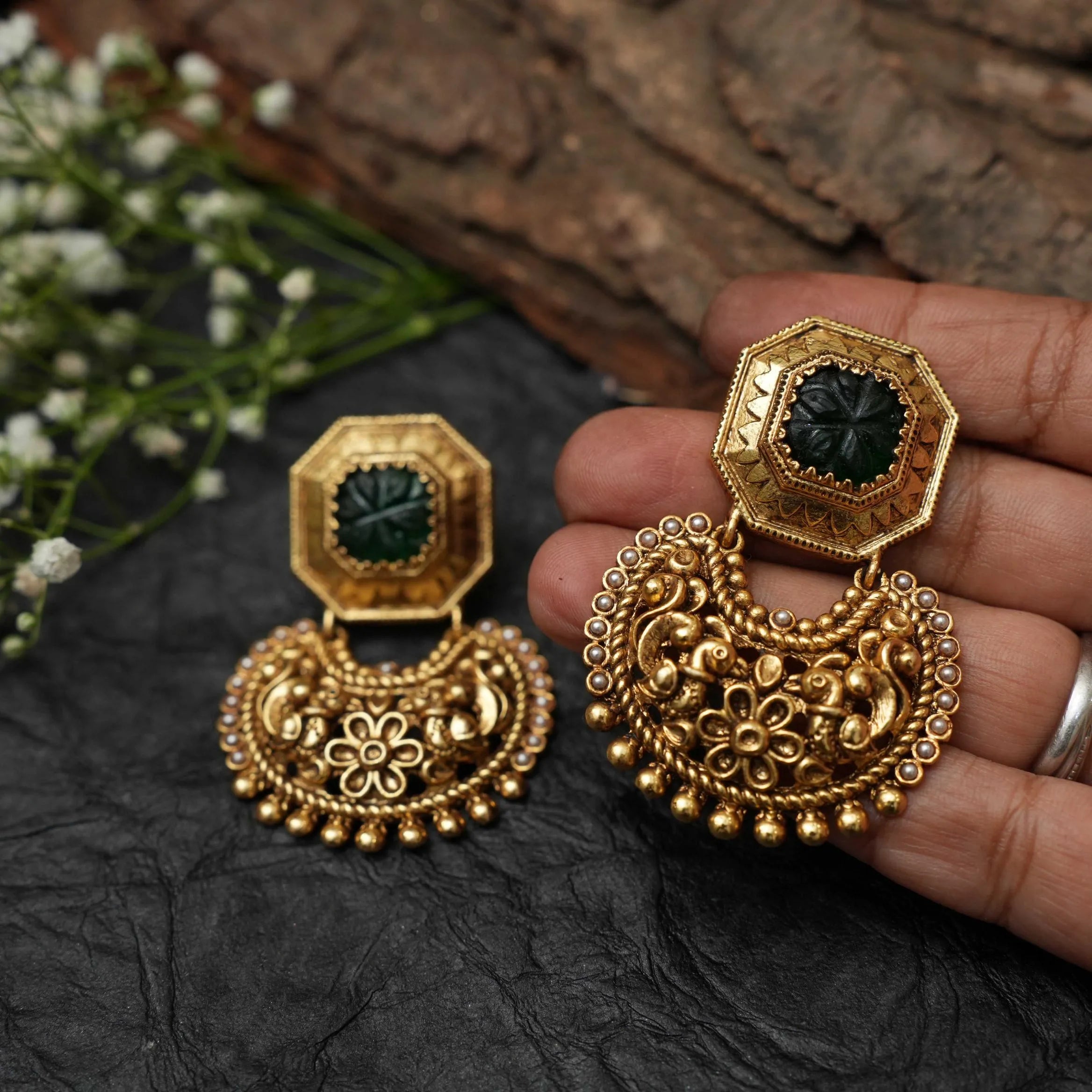 Trishika Antique Designer Earrings - Dark Green