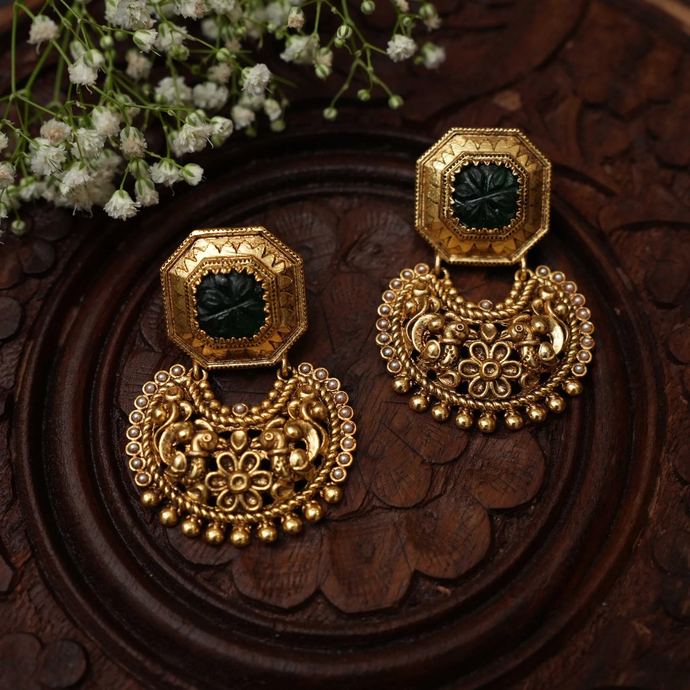 Trishika Antique Designer Earrings - Dark Green