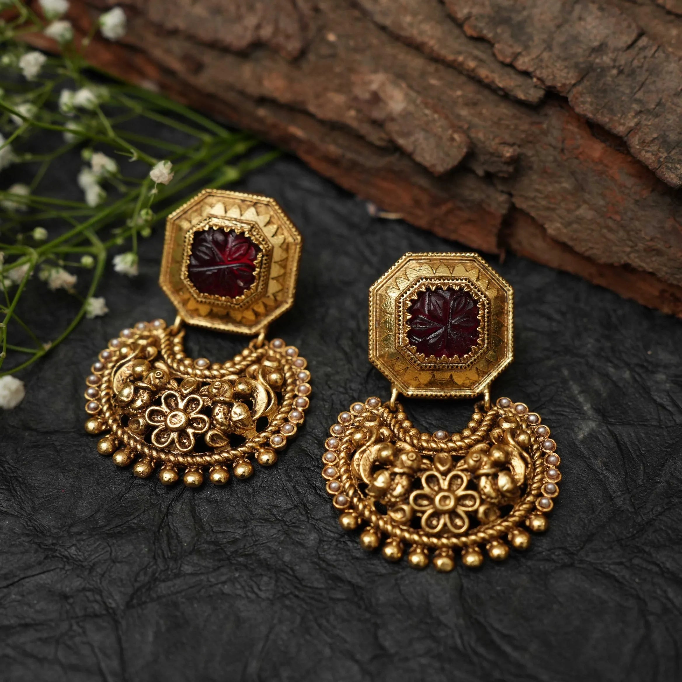 Trishika Antique Designer Earrings - Red