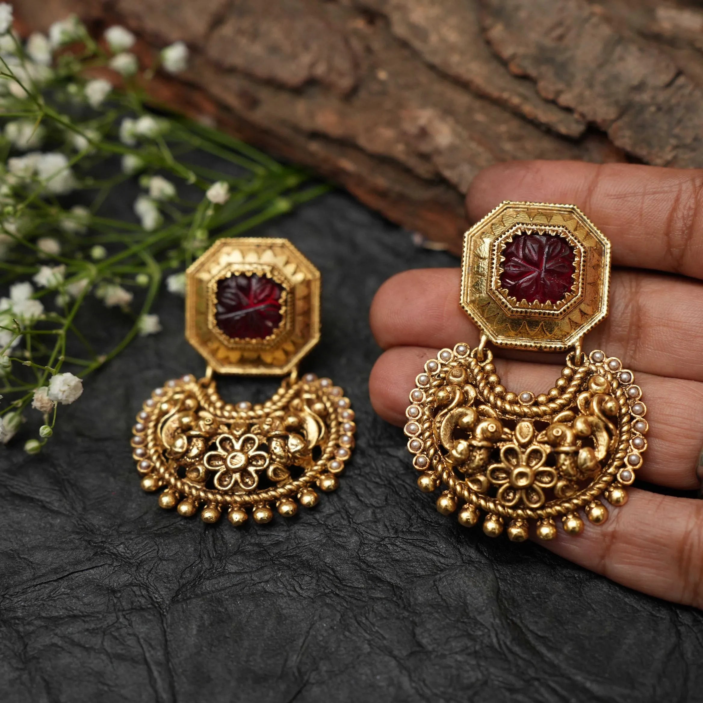 Trishika Antique Designer Earrings - Red