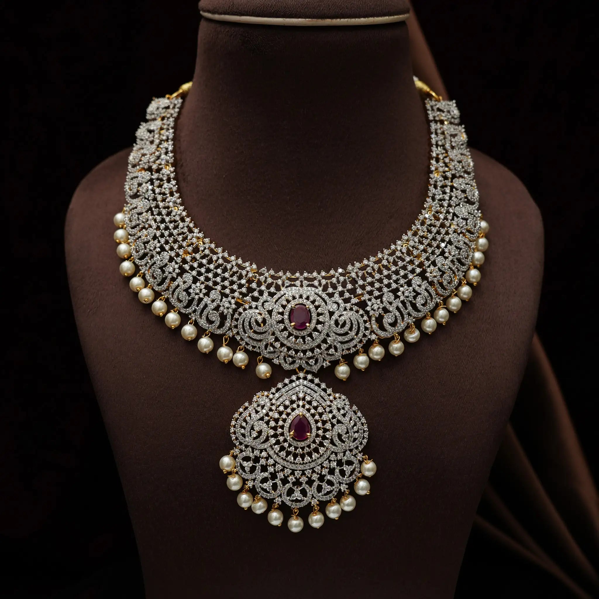 Vachika Zircon Necklace - Reddish Pink
