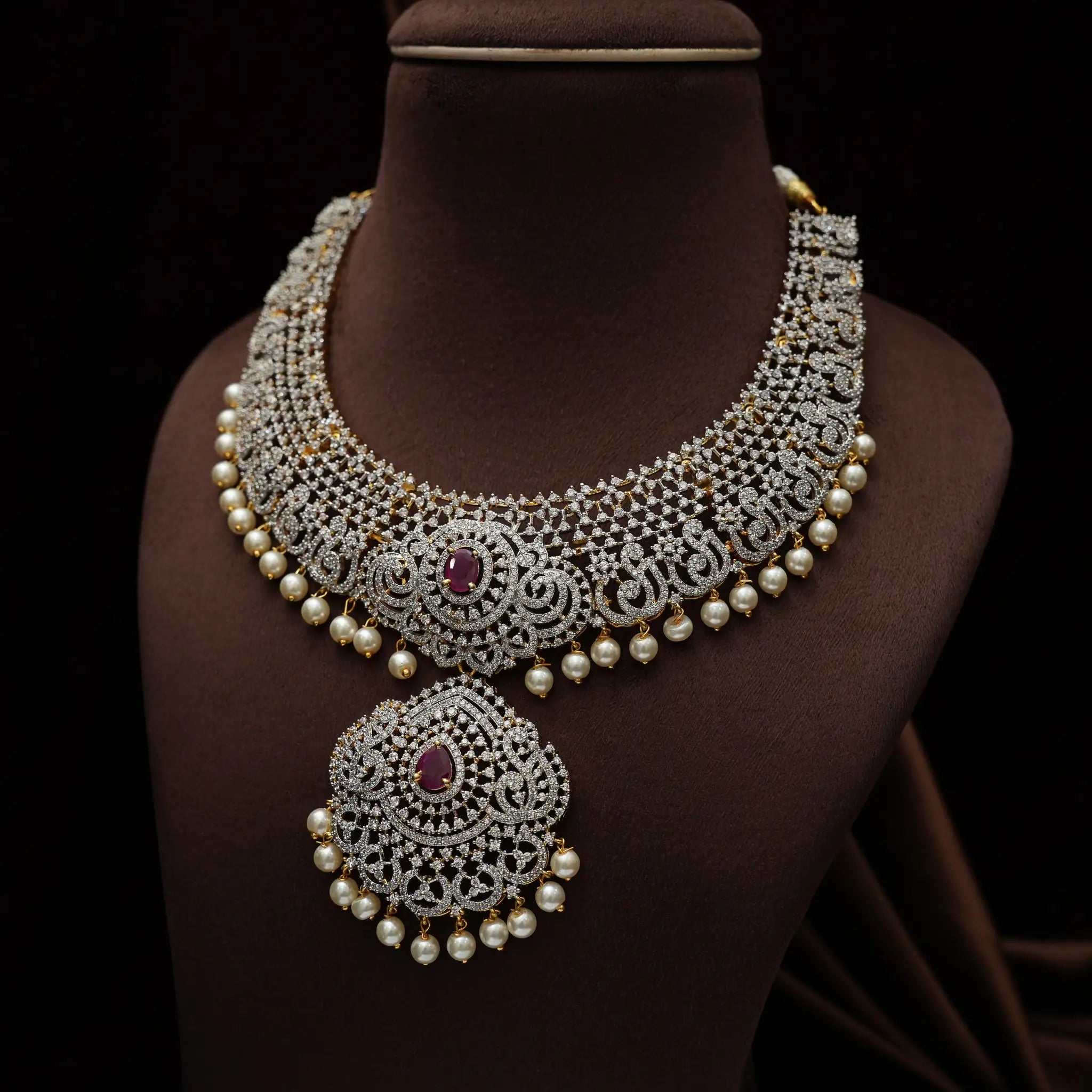Vachika Zircon Necklace - Reddish Pink