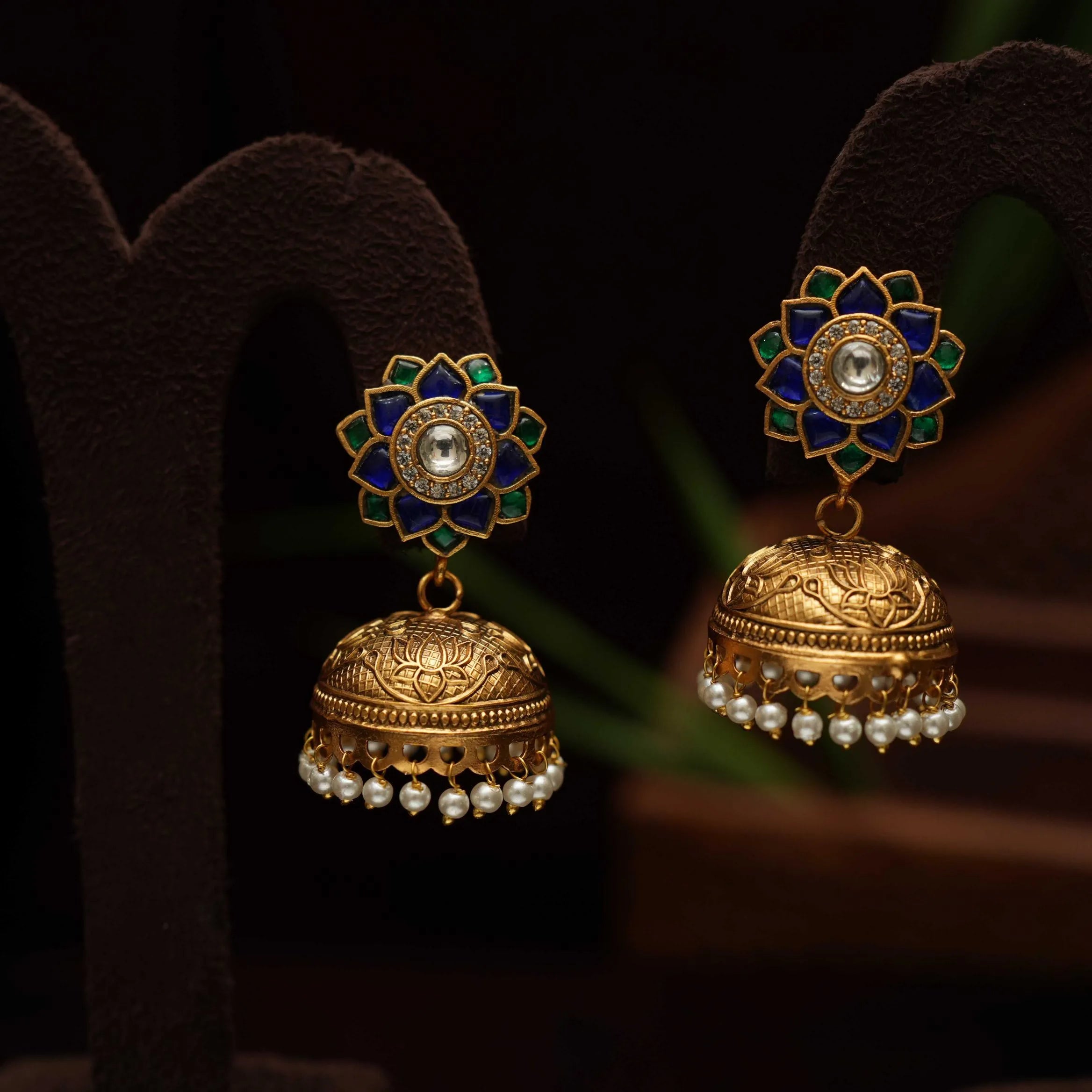 Vaisiri Polki Jhumka - Blue & Green